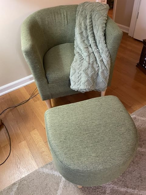 DAZONE Mid Century Modern Accent Chair with Ottoman Barrel Armchair Green, Small Side Chair for Living Room, Bedroom, Reading Nook, Footrest, Linen Fabric Upholstered, Solid Wood Legs, Soft Cushion customer photo 1