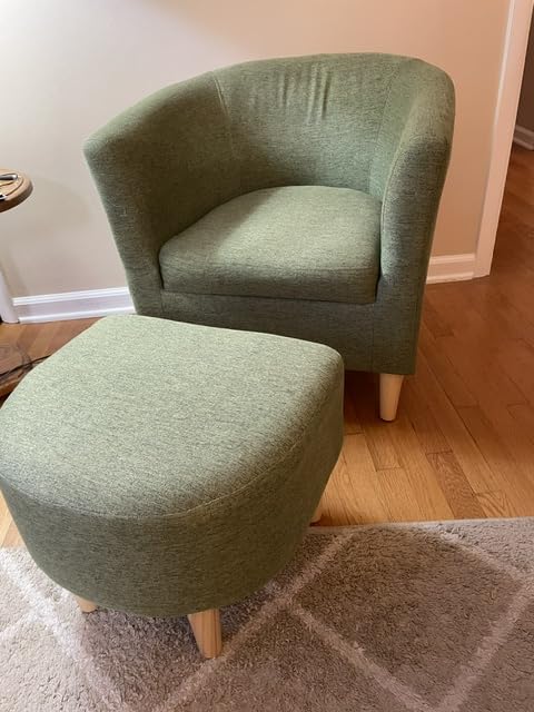 DAZONE Mid Century Modern Accent Chair with Ottoman Barrel Armchair Green, Small Side Chair for Living Room, Bedroom, Reading Nook, Footrest, Linen Fabric Upholstered, Solid Wood Legs, Soft Cushion customer photo 2