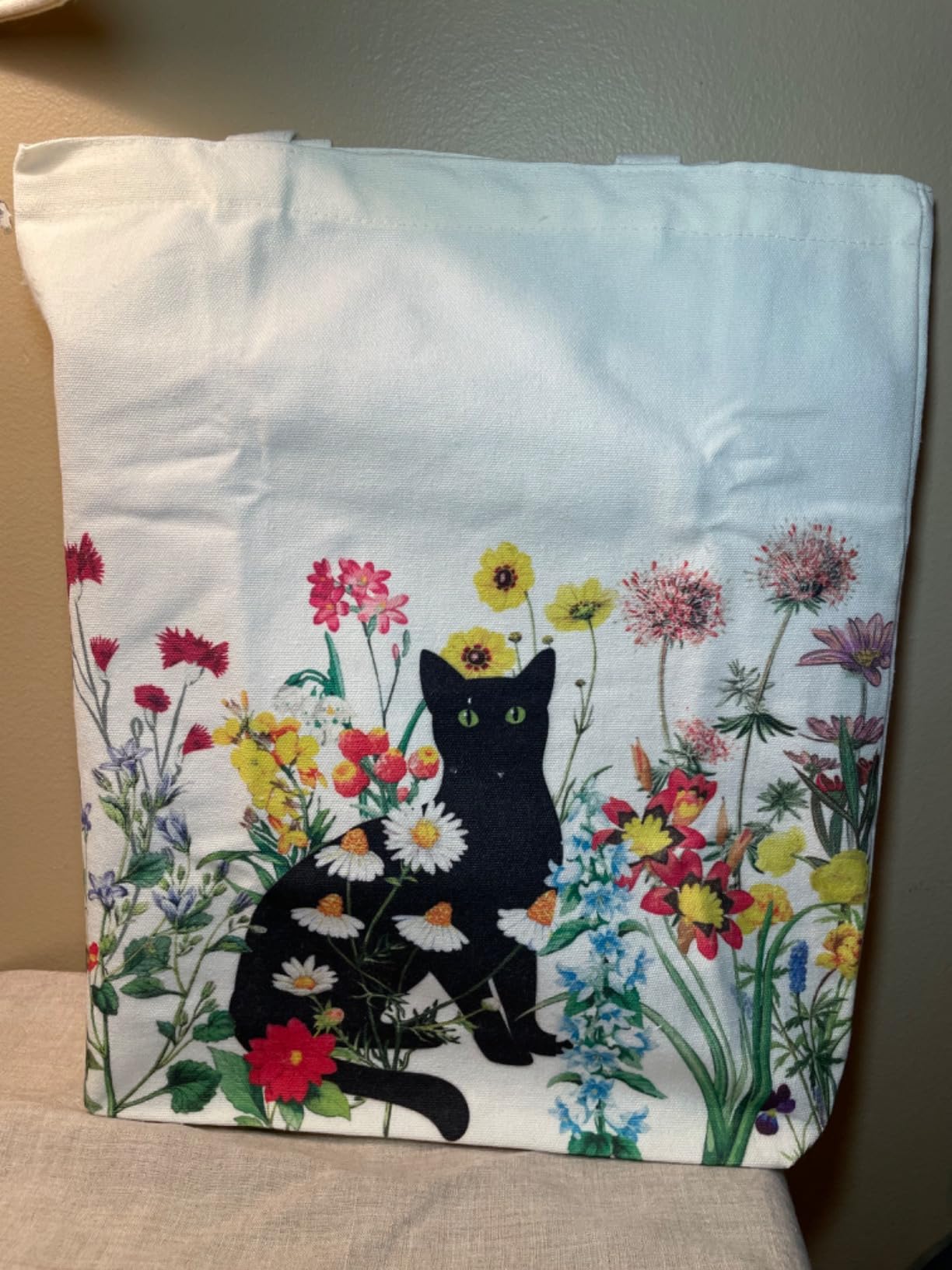 bmuvghi Black Cat Canvas Tote Bag, Birthday Cat Gift Bag with Zipper Pocket | 15x14 in durable canvas tote with vintage floral print, reusable shopping bag, cat lover & cat mom gifts for women customer photo 1
