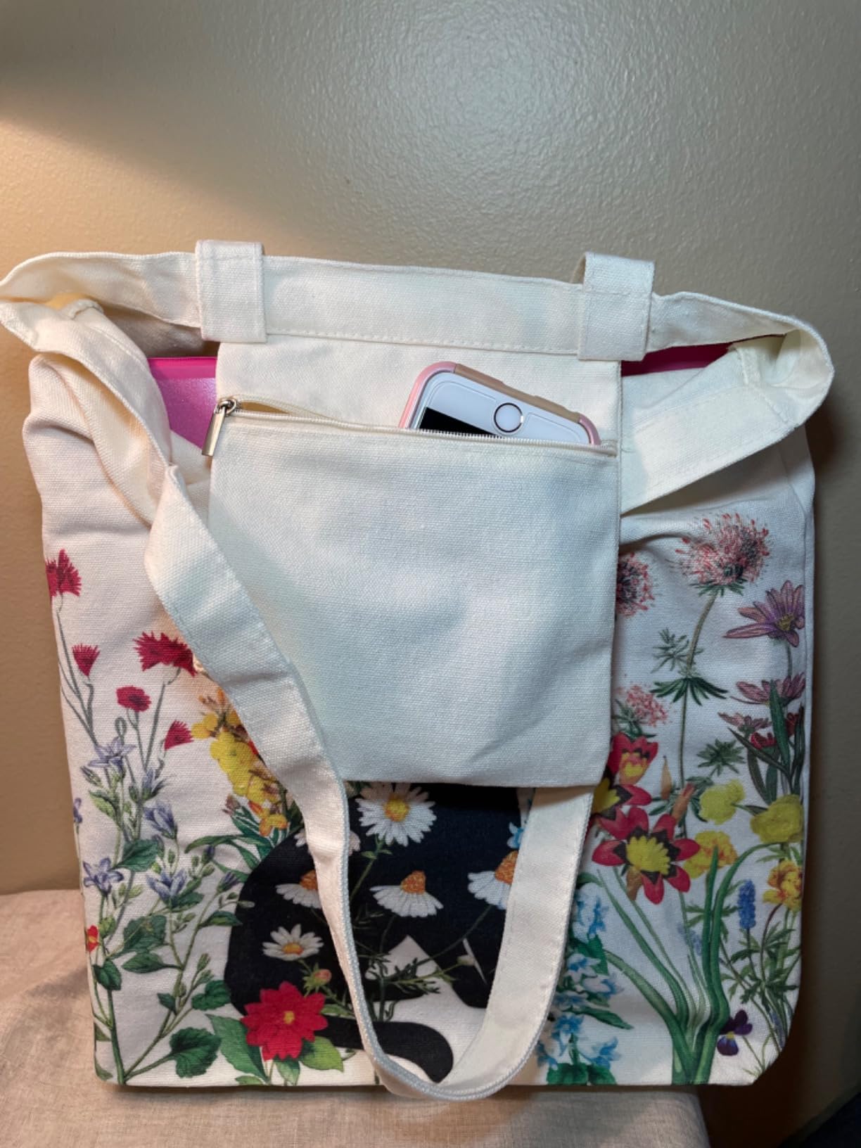 bmuvghi Black Cat Canvas Tote Bag, Birthday Cat Gift Bag with Zipper Pocket | 15x14 in durable canvas tote with vintage floral print, reusable shopping bag, cat lover & cat mom gifts for women customer photo 2