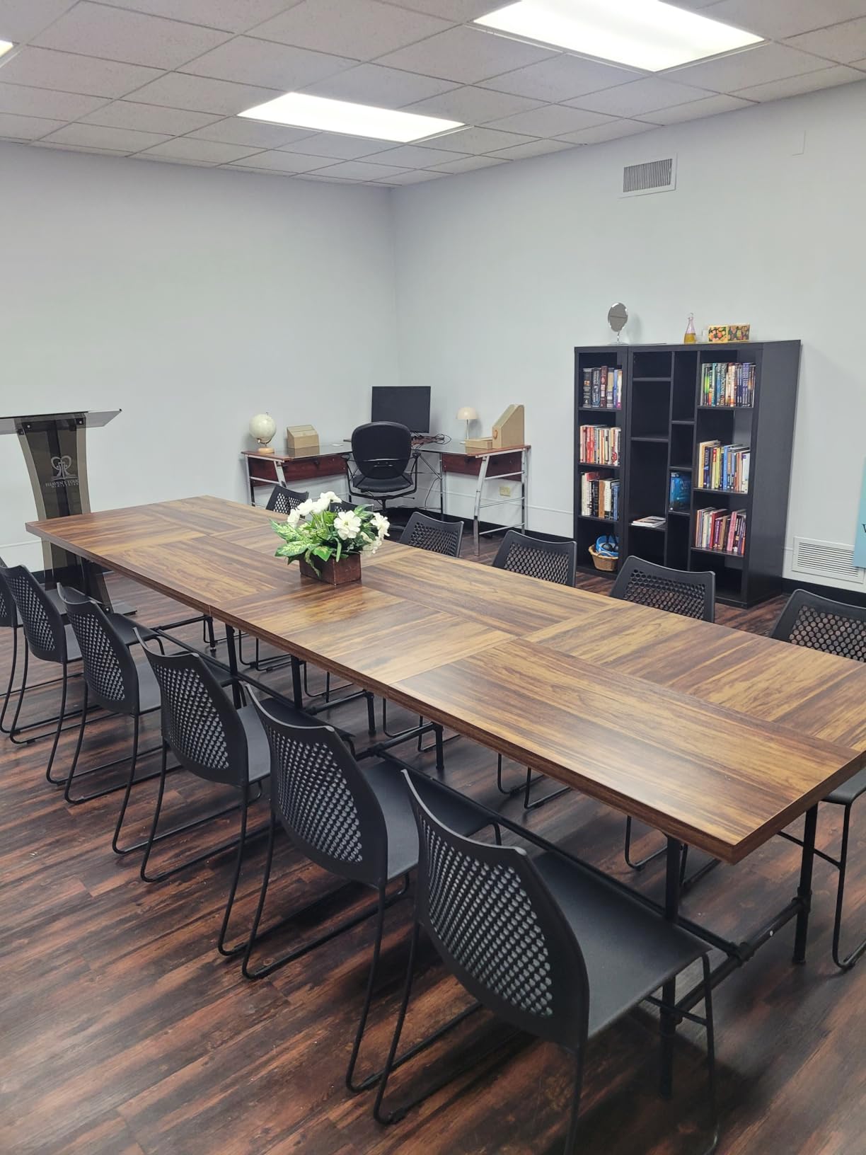 Tribesigns 8FT Conference Table, 94.48L x 47.24W x 29.52H Inches Boat Shaped Meeting Table with Rectangle Grommet, Modern Seminar Boardroom Table for Office Conference Room (8ft, Walnut & Black) customer photo 1