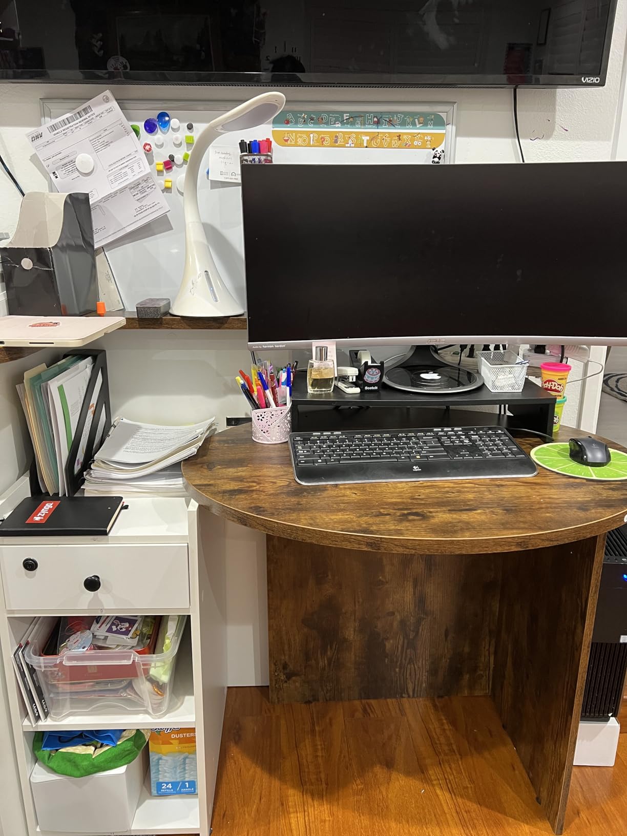 Tangkula Reception Desk, Front Counter Desk with Lockable Drawer & Adjustable Shelf, Oval Desktop, Retail Counter for Checkout, Computer Workstation for Salon Lobby Office, Home Office Desk customer photo 2