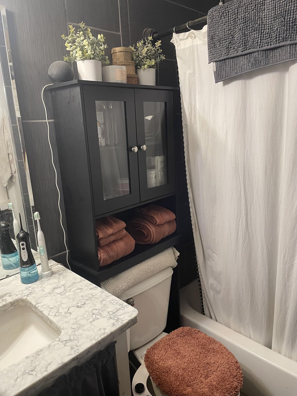Shintenchi Over the Toilet Storage Cabinet, Bathroom Shelf Organizer with Anti-Tip Device Small Freestanding Space Saver with Adjustable Shelf and Glass Door, White customer photo 2