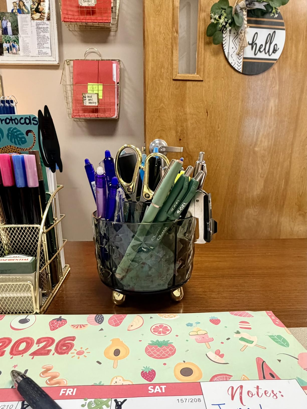 GOTOBA Dark Green Pen Pencil Holder for Desk, 360° Rotating Pen Organizer, Green Office Supplies, Cute Pen Holder, 6-Compartment Pencil Holder Rotating customer photo 1