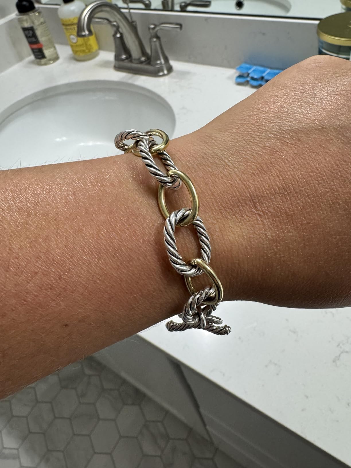 Twisted Cable Wire Link Chain Bracelet Two Tone Designer Brand Inspired Women Jewelry Valentine (2 Tone) customer photo 1
