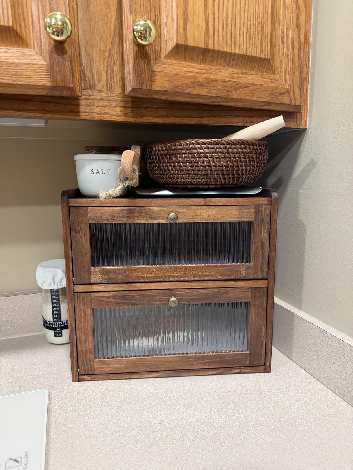 Sunhoo Bread Box for Kitchen Countertop Wooden Bread Storage Container Bin 2 Layer Breadbox Holder Large Capacity Keeper Vintage Farmhouse Food Organizer Pantry Shelf Acrylic Window (Brown) customer photo 2
