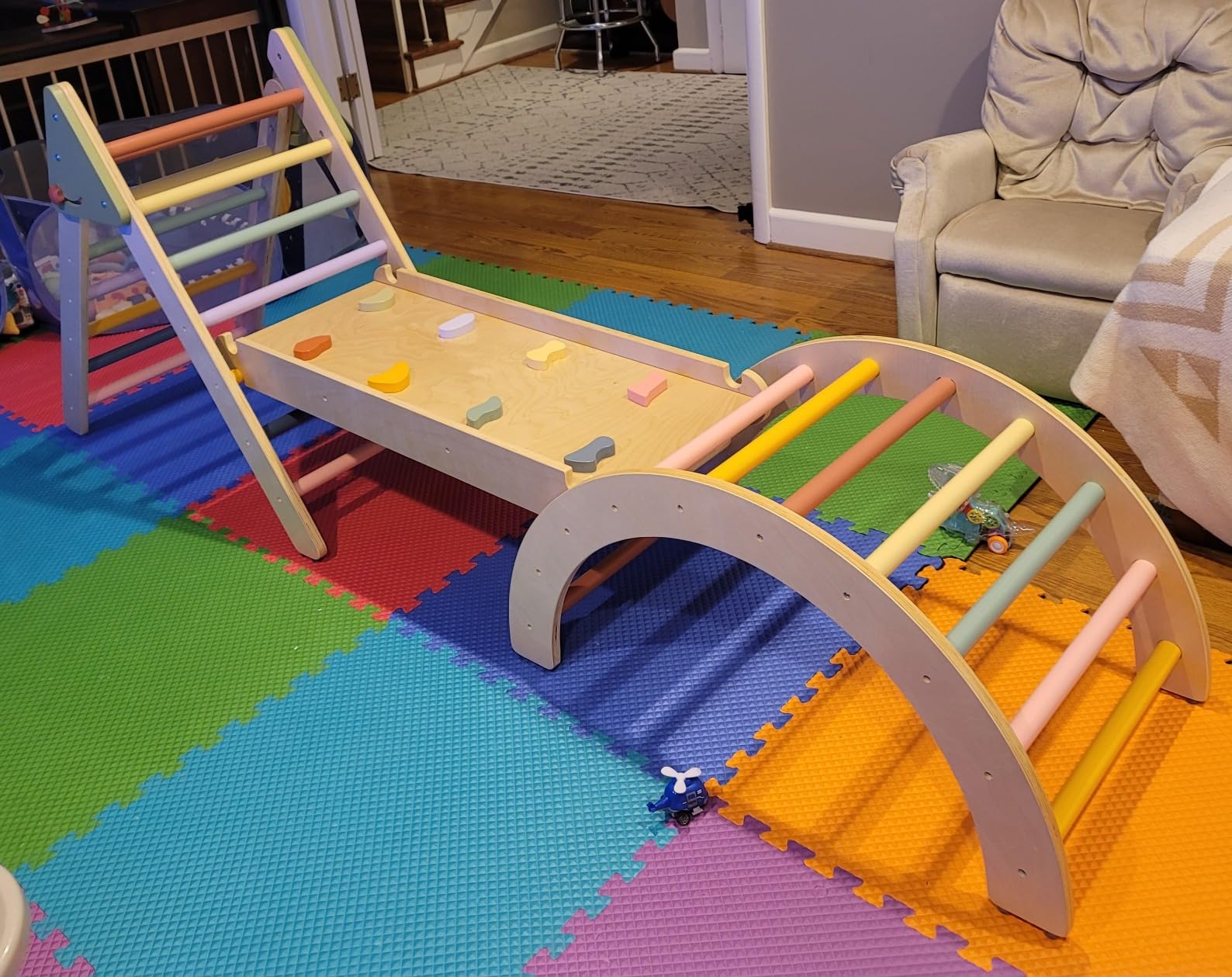 LOL-FUN Foldable Pikler Triangle Climbing Toy with Slide for Toddlers 1-3 | Sturdy solid wood construction supports up to 110 lbs, water-based paint, anti-slip rubber base designed safe for ages 1-3 customer photo 2
