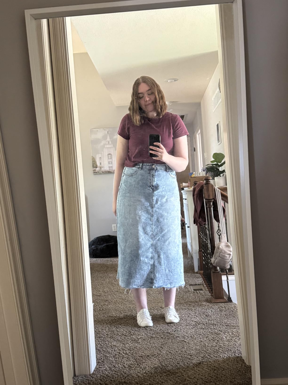 MISS MOLY Women's Jean Skirt Stretch High Waisted Frayed Raw Hem A Line Denim Midi Skirt with Pockets customer photo 2