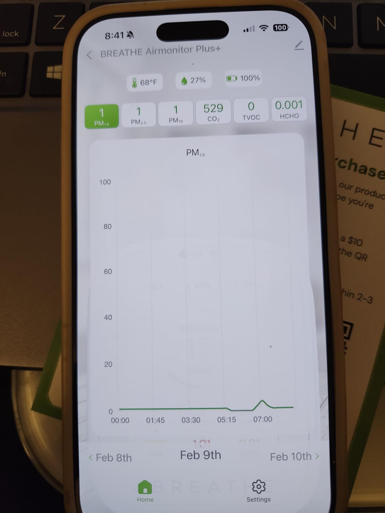 BREATHE Airmonitor Plus Indoor Air Quality Monitor w/CO2, PM & App. Gen 2. | Professional-Grade NDIR Sensor, PM1, PM10, TVOC, Formaldehyde, Smart Alerts, 90-Day History, CSV Export. 6 Hour Battery Life. customer photo 1