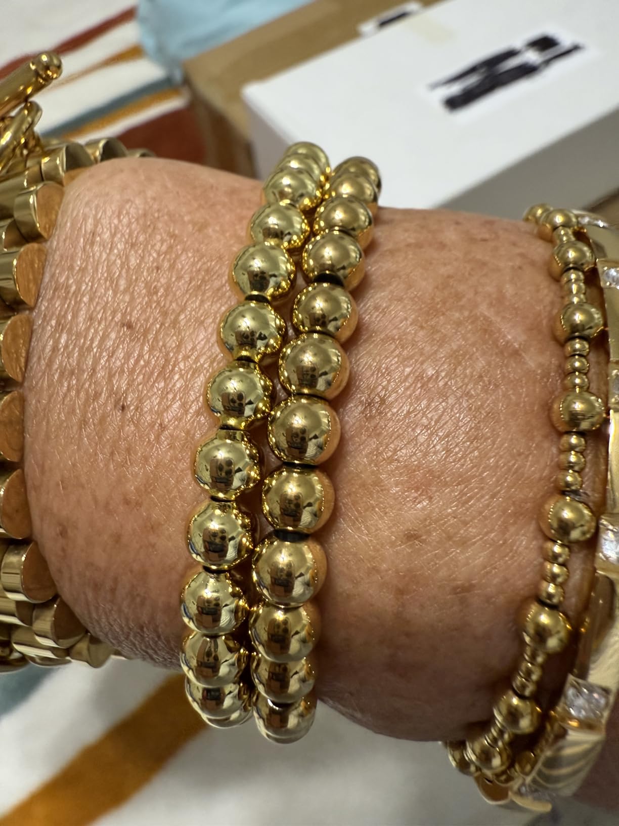 Gold Bracelets for Women Waterproof, 14K Gold Plated Beaded Strand Bead Ball Bracelets stack Adjustable Jewelry Set for Gifts customer photo 1