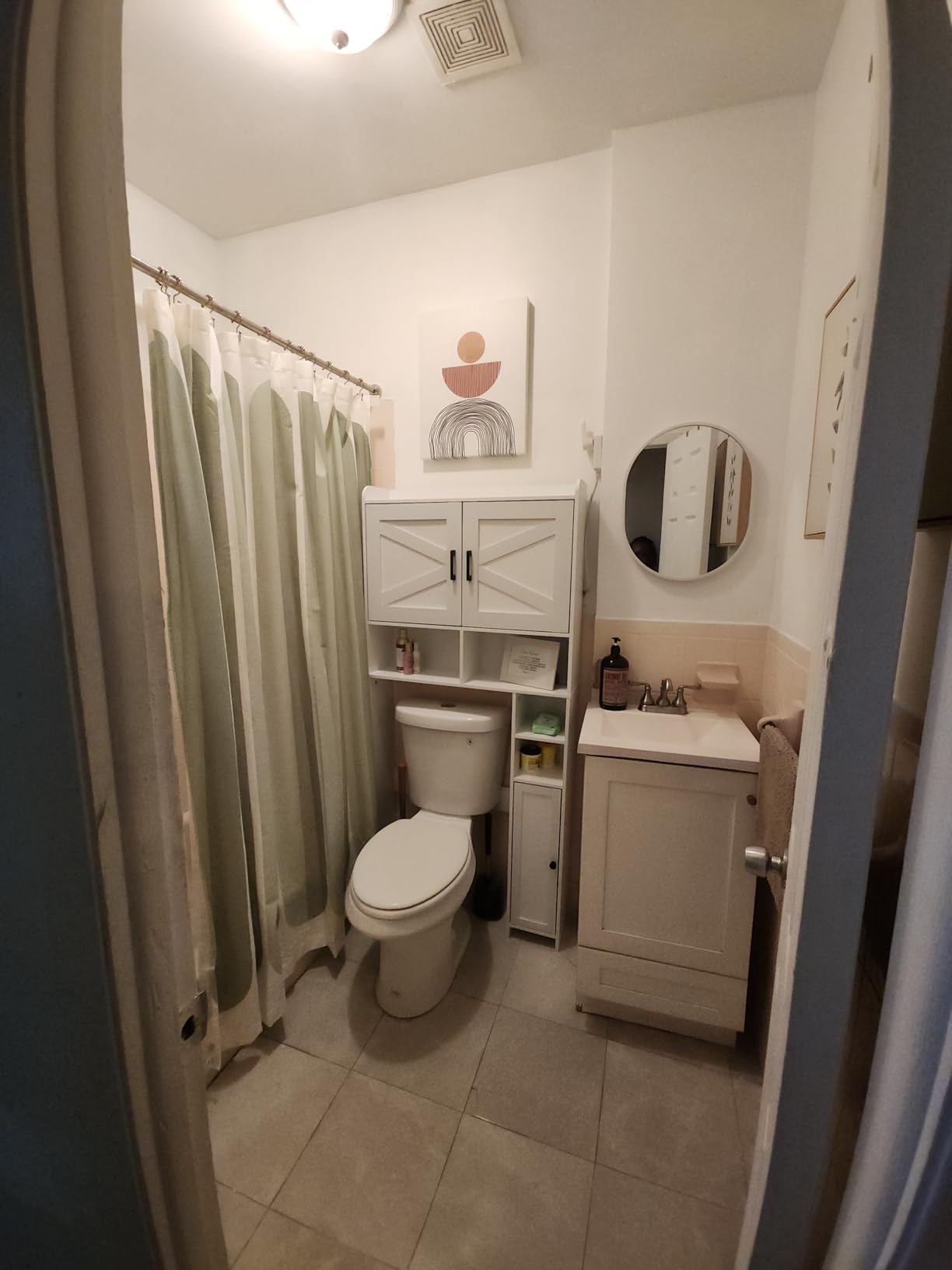 Homhedy Wooden Over The Toilet Storage Cabinet with Barn Door, Freestanding Bathroom Storage, Toilet Paper Holder, Adjustable Shelf, Space-Saving, Farmhouse Style, White customer photo 1