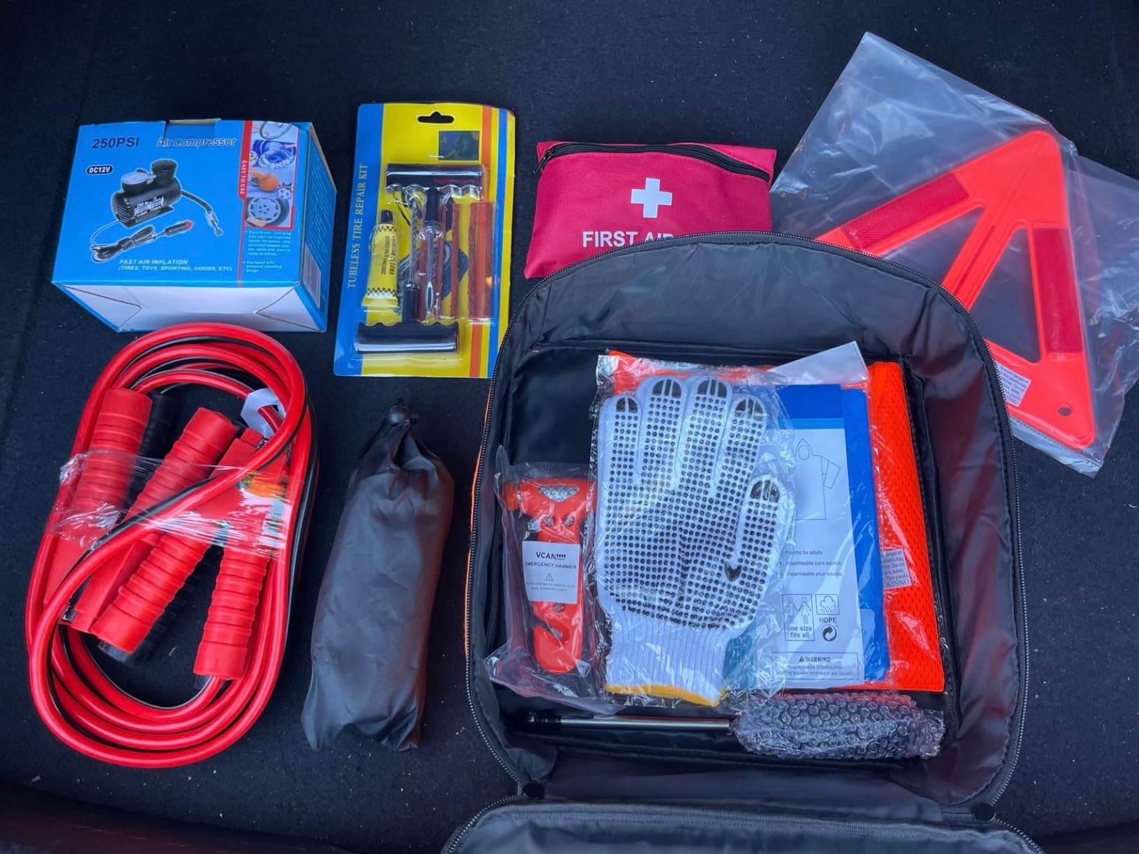 VCANENERGY Car Emergency Safety Kit Bag with Portable Air Compressor, Jumper Cables, First Aid Kit, Tire Pressure Gauge, Auto Vehicle Safety Road Side Assistance Kits Essentials customer photo 1