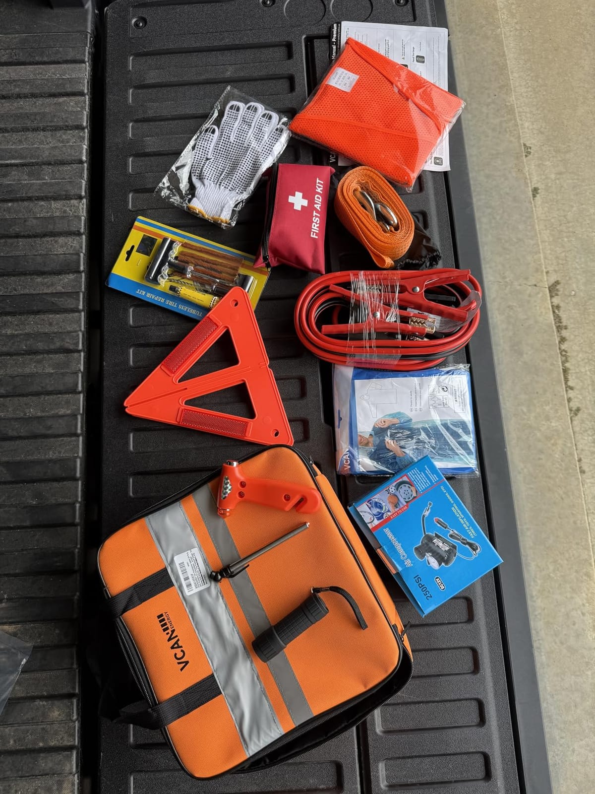 VCANENERGY Car Emergency Safety Kit Bag with Portable Air Compressor, Jumper Cables, First Aid Kit, Tire Pressure Gauge, Auto Vehicle Safety Road Side Assistance Kits Essentials customer photo 2