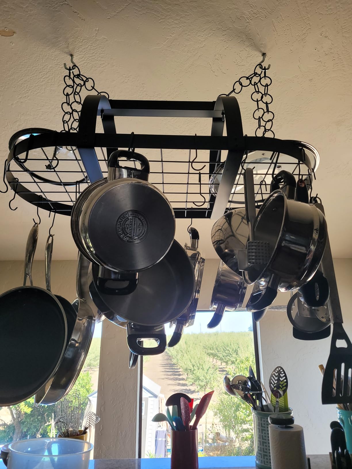 KES 48 Inch Large Hanging Pot Rack, Heavy Duty Oval Pot and Pan Hanging Rack Ceiling Mount, Pot Pan Hangers for Kitchen with 20 Hooks, Matte Black, (For 16