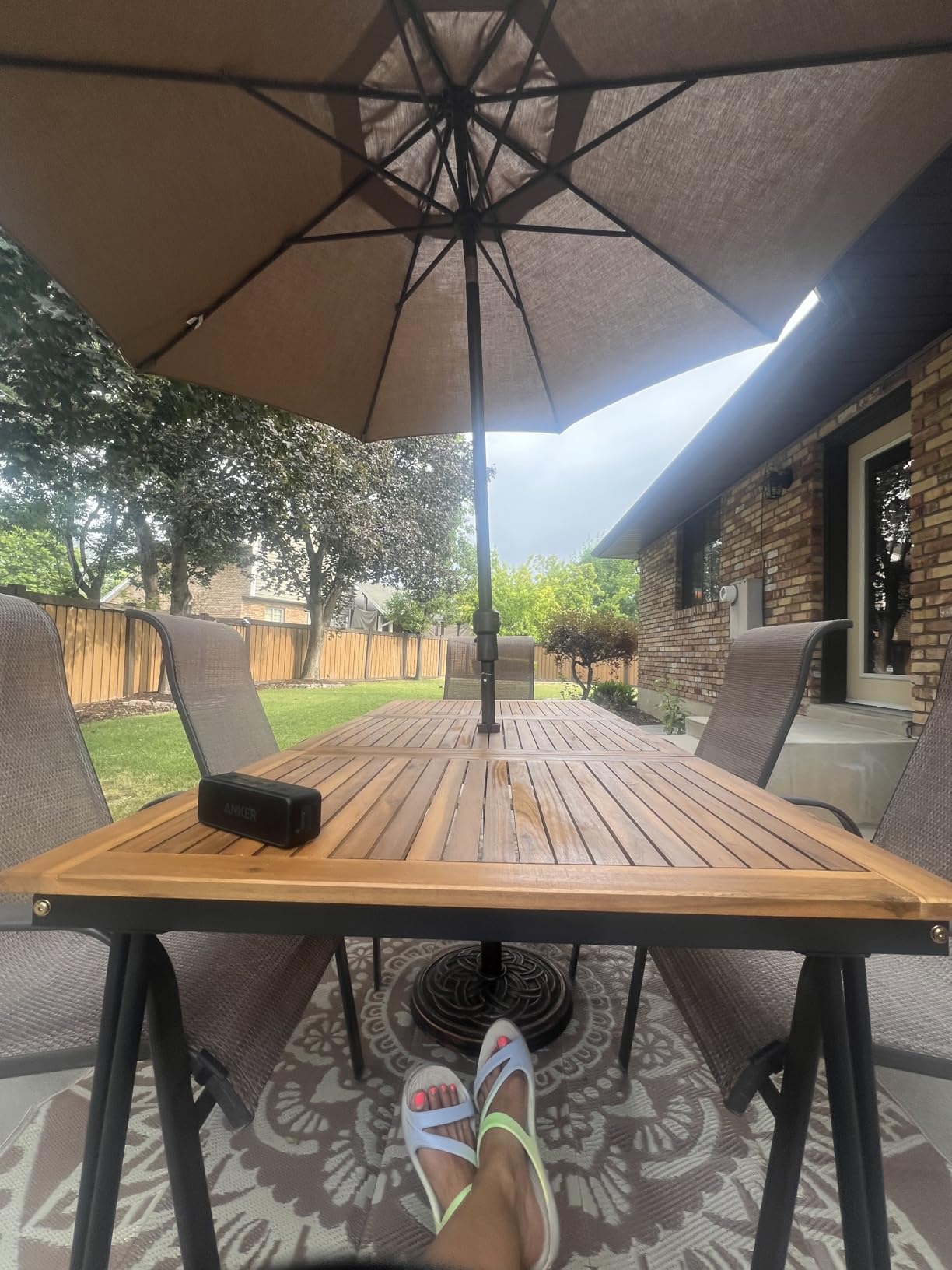 Tangkula 79 Inch Outdoor Dining Table for 8, Acacia Wood 8-Person Patio Table with 1.9 Inch Umbrella Hole, Metal Legs & Adjustable Foot Pads, Rectangular Outside Table for Garden, Poolside & Backyard customer photo 1