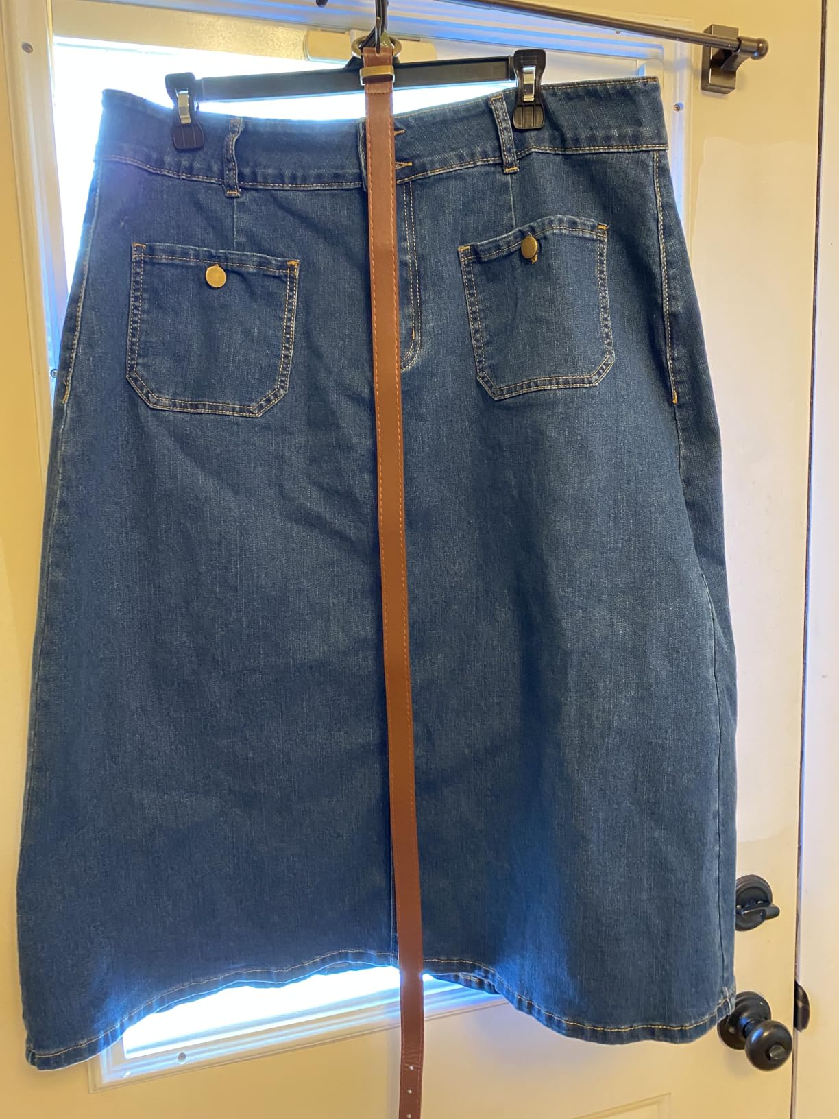 Belle Poque Denim Skirt with Belt Below Knee Length High Waisted Jean Skirts for Women customer photo 1
