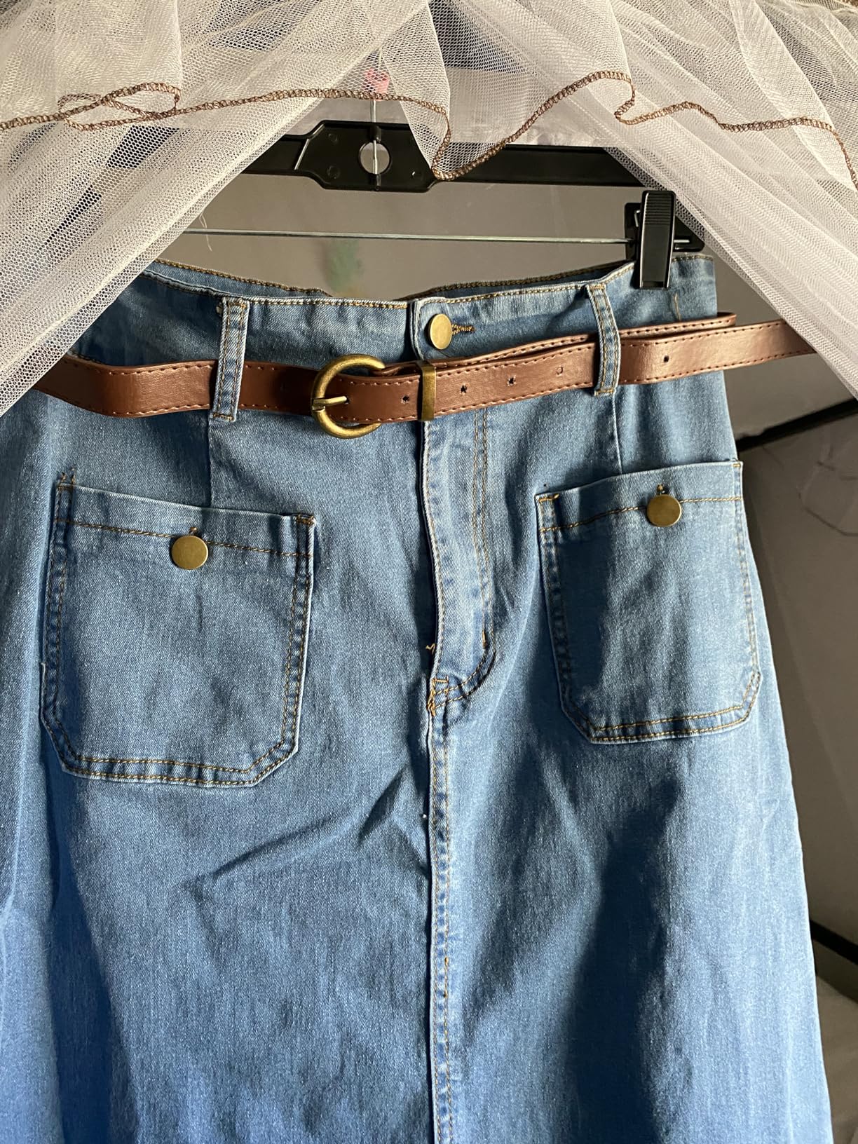 Belle Poque Denim Skirt with Belt Below Knee Length High Waisted Jean Skirts for Women customer photo 2