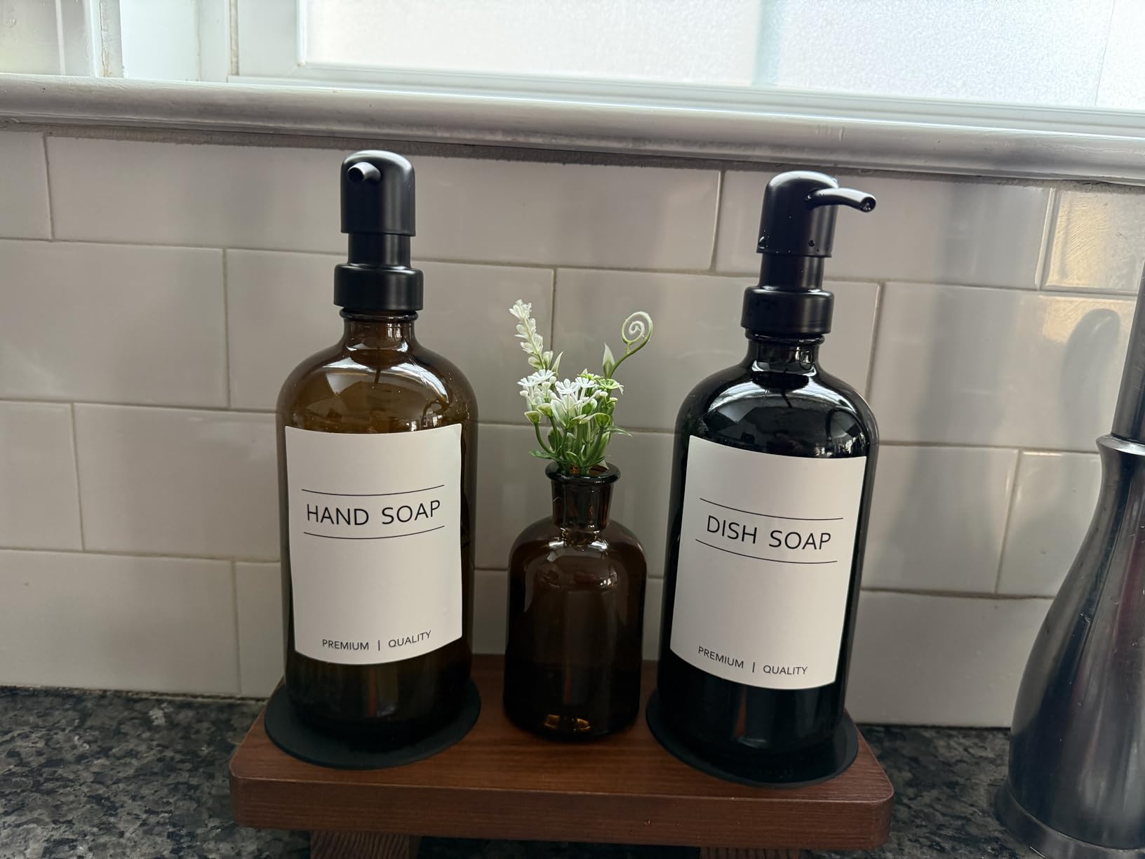 Kitchen Soap Dispenser Set with Wood Riser Tray, Amber Glass Soap Dispenser with Stainless Steel Pump, Hand and Dish Soap Dispenser Set for Kitchen, Soap and Lotion Dispenser Bathroom Decor (Amber) customer photo 2