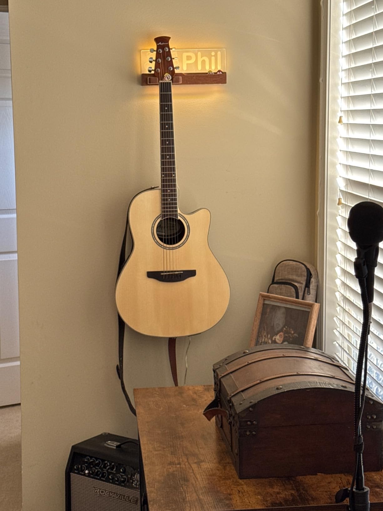 CoolGift Mart LED Guitar Wall Mount Stand with Picks Holder - Solid Wood & Acrylic USB-Powered Guitar Accessories as Decor - Gift for Men, Guitar Players, Music Lovers (for Acoustic, Electric Bass, Ukulele) customer photo 1