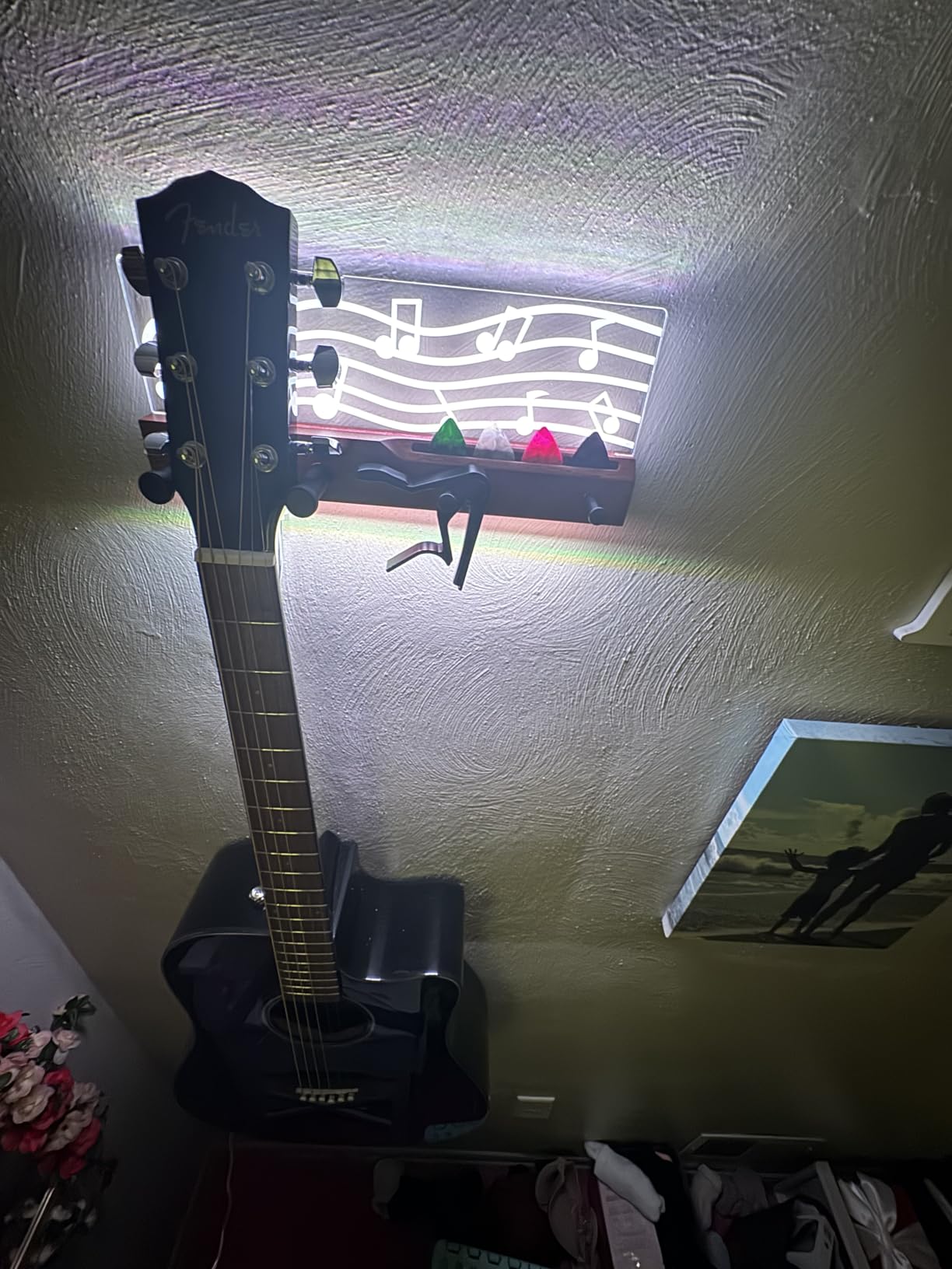 CoolGift Mart LED Guitar Wall Mount Stand with Picks Holder - Solid Wood & Acrylic USB-Powered Guitar Accessories as Decor - Gift for Men, Guitar Players, Music Lovers (for Acoustic, Electric Bass, Ukulele) customer photo 2