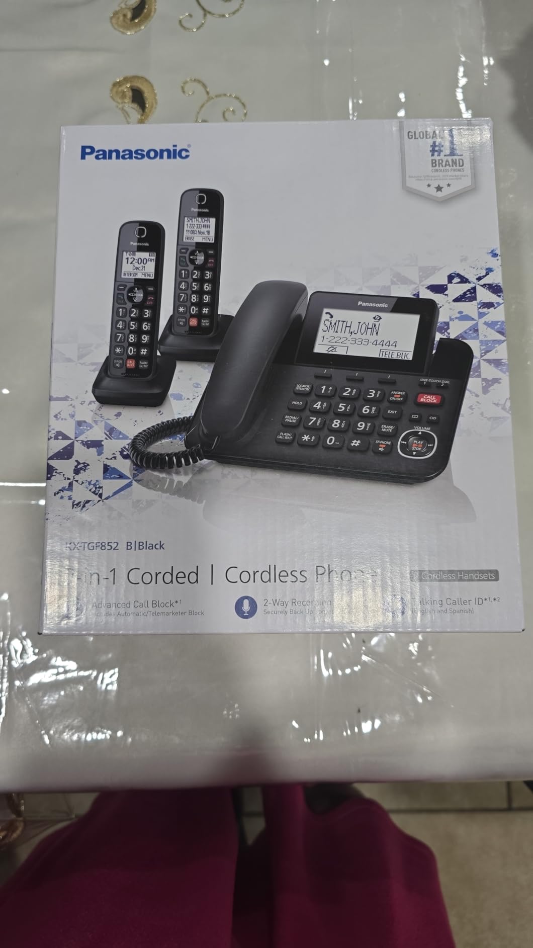 Panasonic Corded Phone/Cordless Phone with Answering Machine, Advanced Call Block and 2-Way Recording, 2 Handsets Expandable up to 6 Cordless Handsets, Landline Telephone - KX-TGF852B (Black) customer photo 1