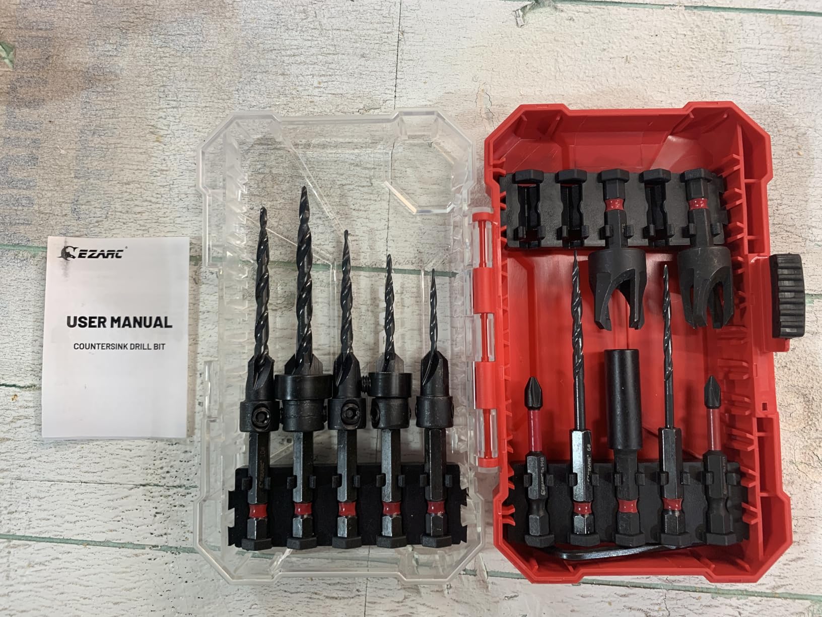 EZARC Countersink Drill Bit Set, 15PCS Tapered Bits with Plug Cutters | Tapered Nitrided HSS Bits, Sizes #4, #6, #8, #10, #12, Depth Stop Rings, Extension Shaft, 1/4