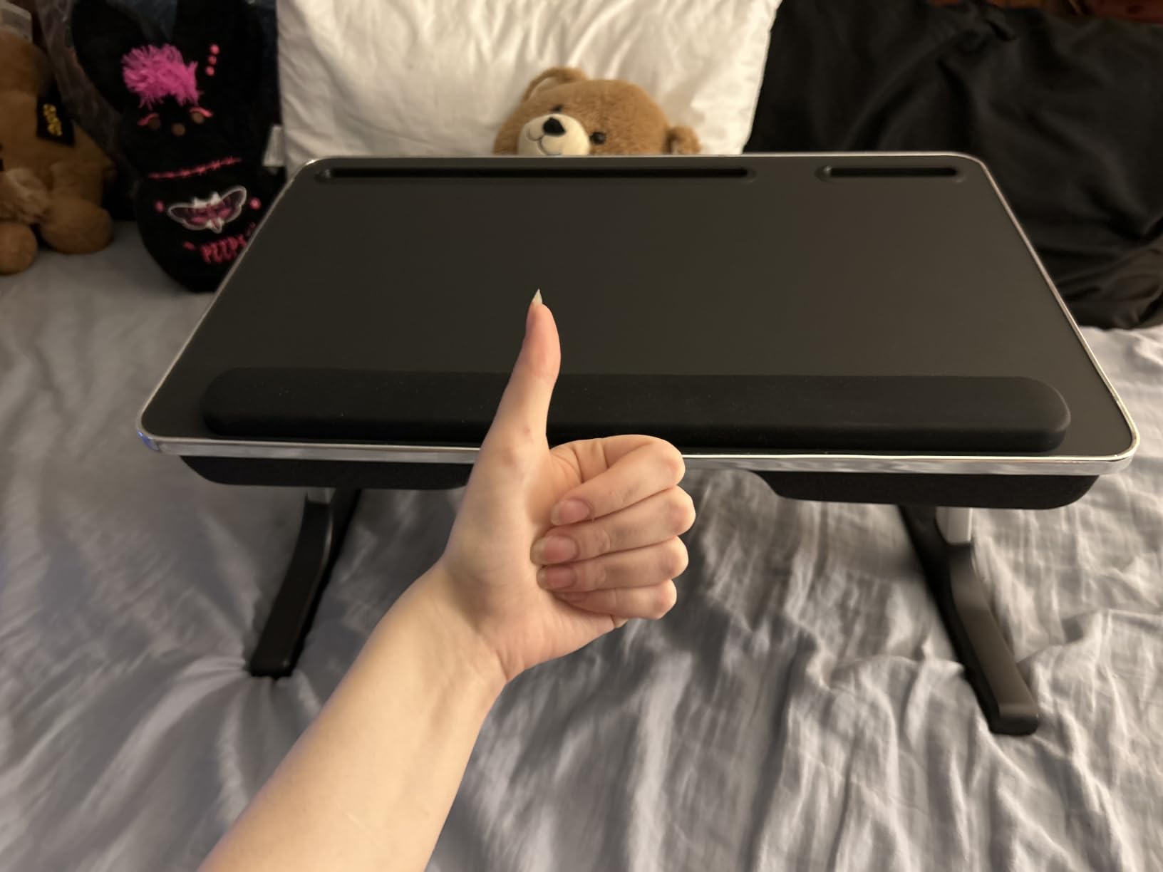 FoldWise 2-in-1 Bed & Lap Desk with Soft Cushion, Adjustable Height & Angle | Wrist Rest, Leather, iPad Holder & Stopper - Foldable Laptop Stand for Bed & Couch, Portable Bed Table Tray for Adults & Kids customer photo 1
