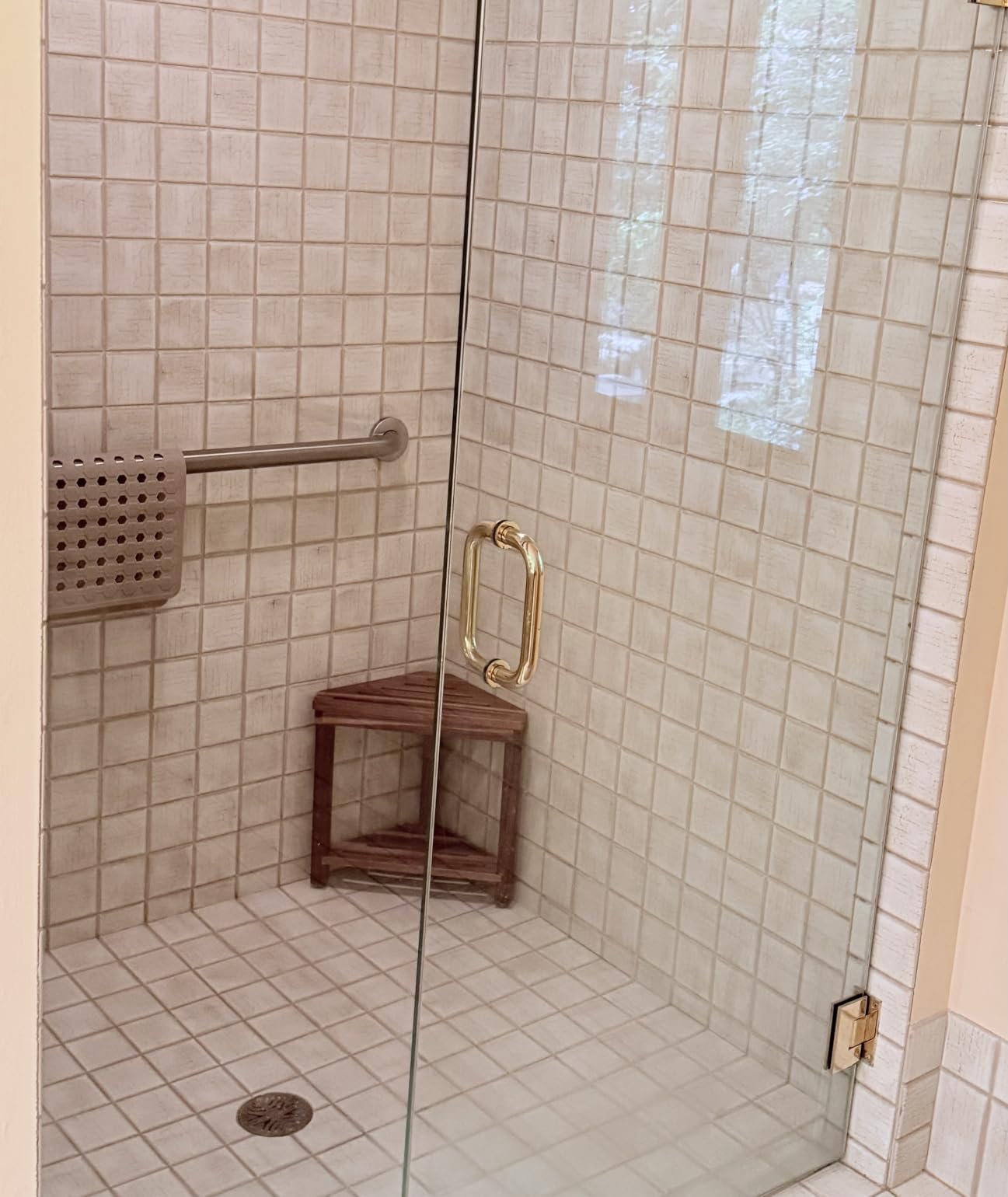Boulphia Shower Foot Rest 14in, Acacia Wood Shower Stool for Shaving Legs, Waterproof Corner Shower Stool with Storage Shelf for Inside Small Shower Spaces customer photo 2