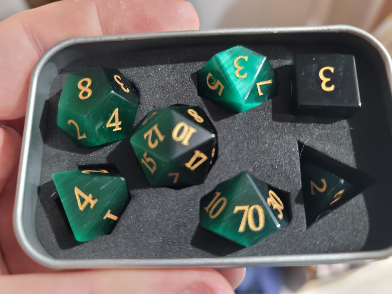 Natural Obsidian Dice Set, 7-Piece Hand-Carved Polyhedral Dice for Dungeons & Dragons (D&D), Pathfinder, Call of Cthulhu, Tabletop RPG Gaming, Collectible Gemstone Dice with Gold Numbering (Black) customer photo 2