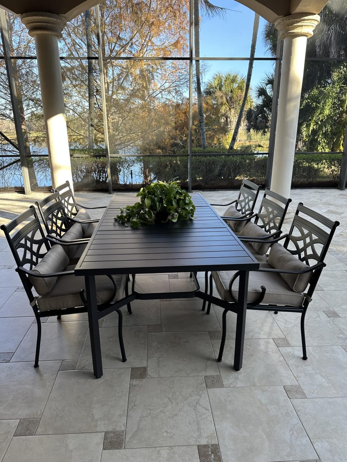 MIXPATIO Outdoor Dining Table for 8, Black Metal Table w/Umbrella Hole | 83