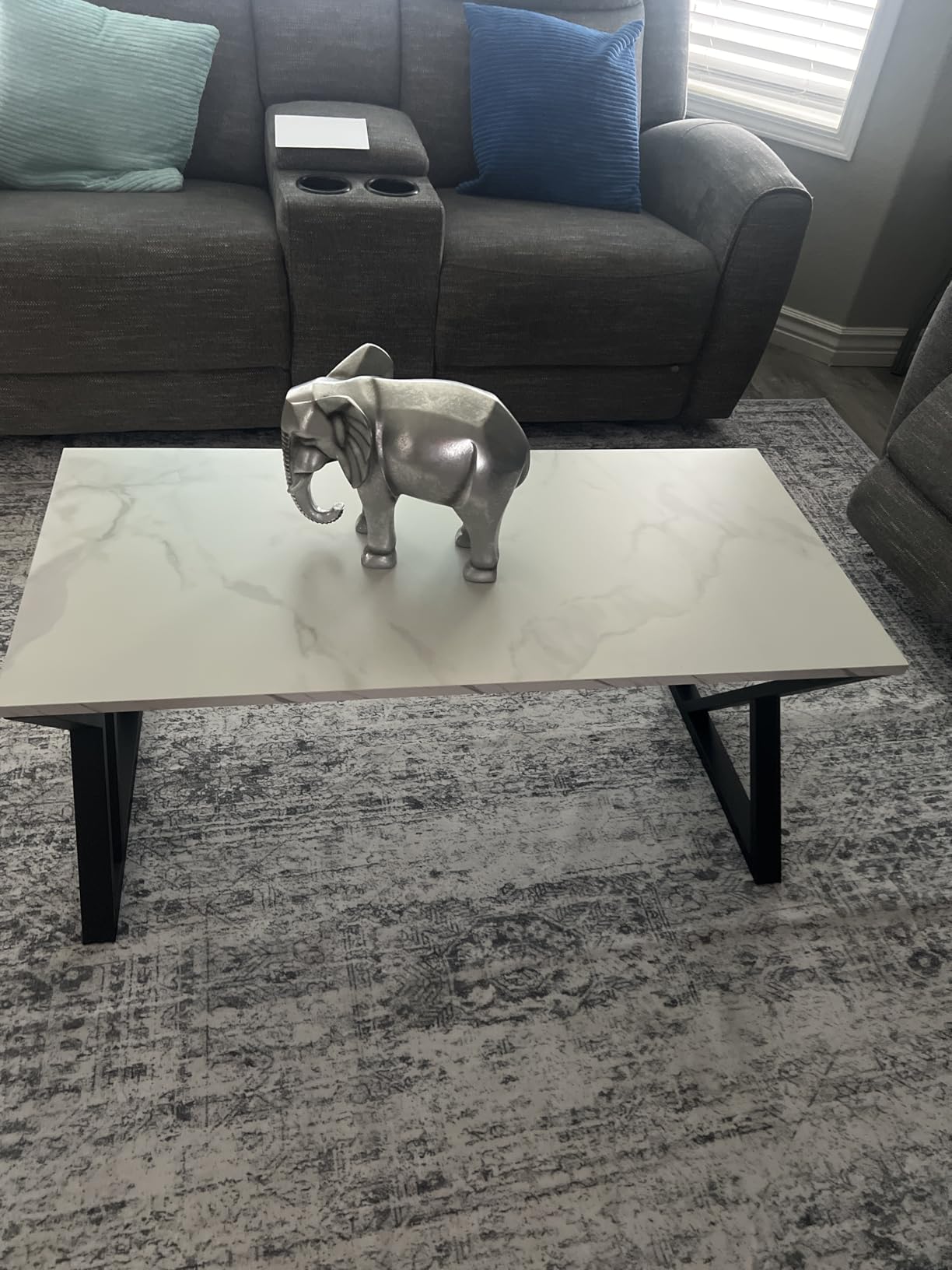Wolawu Coffee Table White Living Room Center Table, Simple Modern Faux Marble Rectangular Tea Table with Sturdy Black Metal Frame, Industrial Wooden Coffee Table for Bedroom Home Office customer photo 1