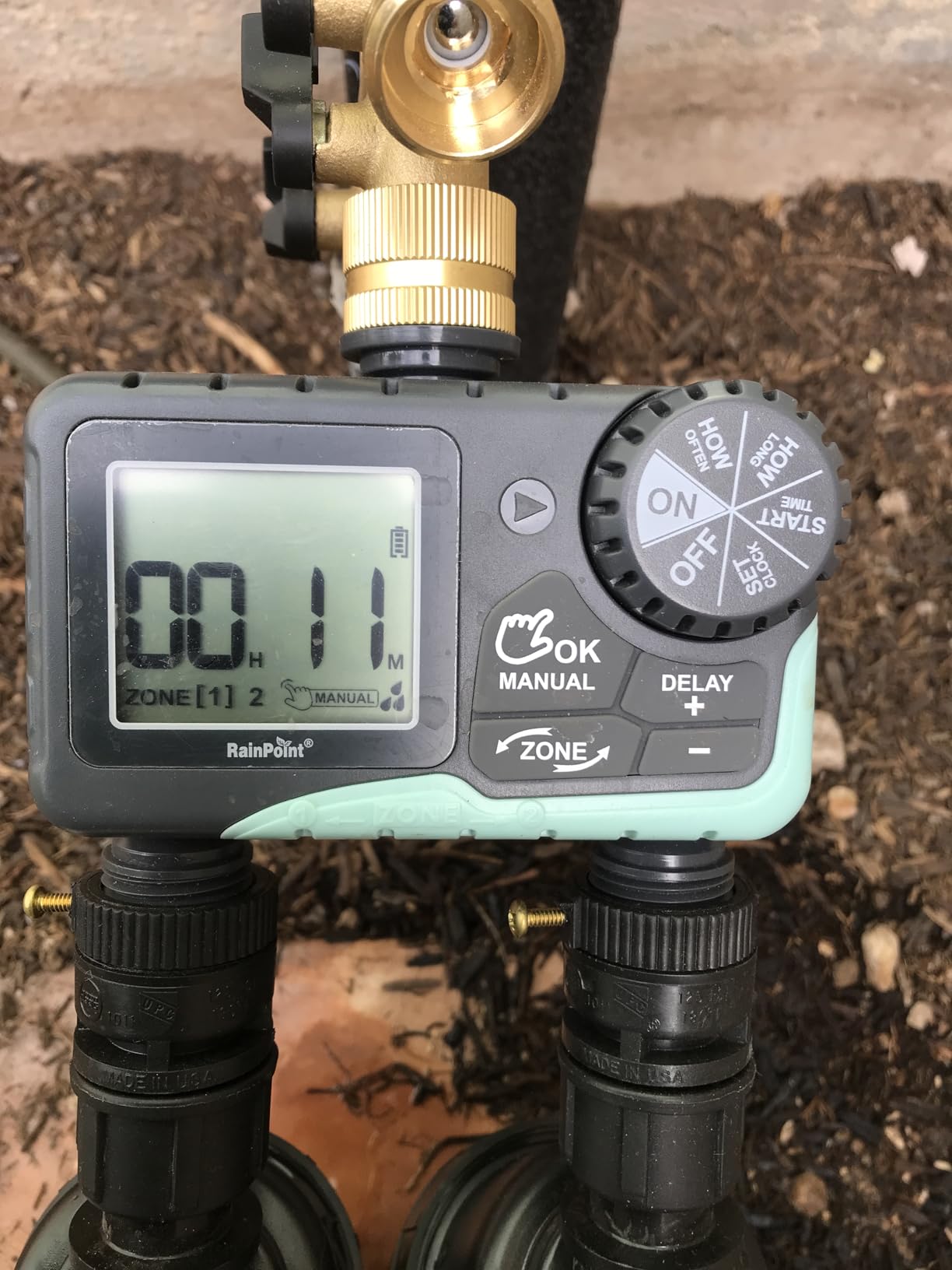 RAINPOINT 2 Zone Sprinkler Timer with Brass Inlet and Outlet - Water Timer for Garden Hose with Rain Delay/Manual Watering/Automatic Irrigation Controller System for Yard Lawn Garden customer photo 1