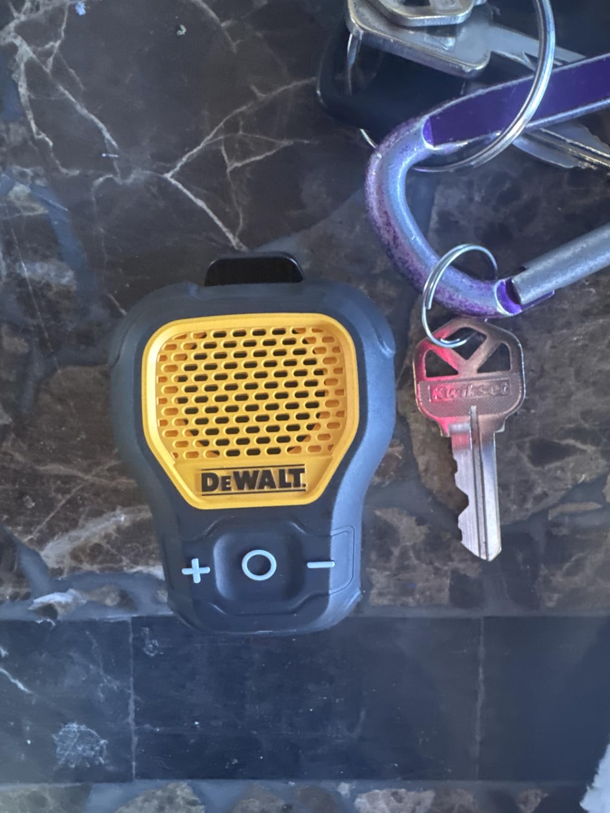 DEWALT Wearable Bluetooth Speaker, Clip-On Wireless Jobsite Pro, Yellow, Water-Resistant Portable Speaker, Built-in Mic for Hands-Free Music/Calls customer photo 1