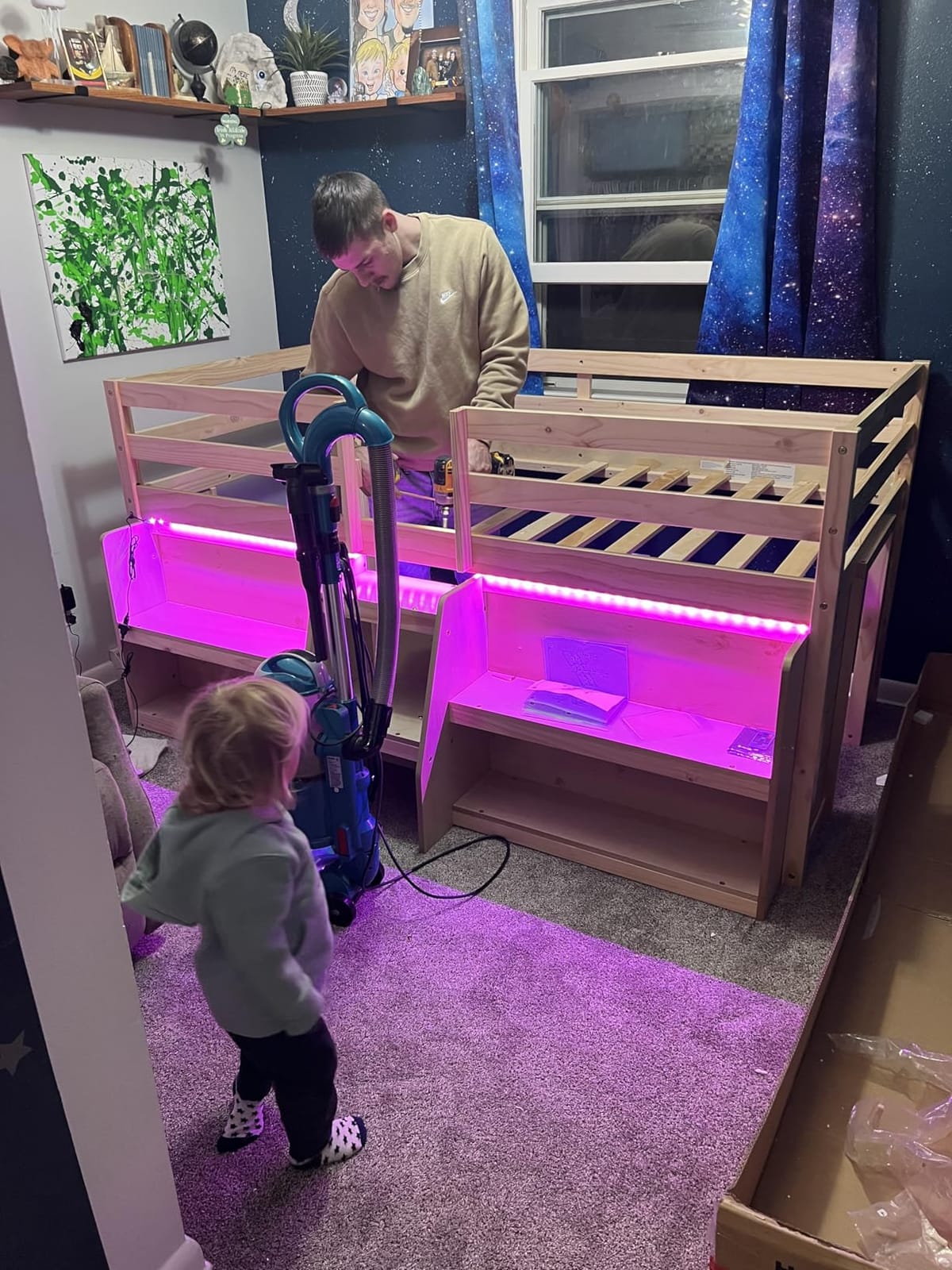 GIANTEX Twin Loft Bed with LED Lights, Wooden Loft Bed Twin Size with Stairs & Safety Guardrail, Low Loft Bed for Kids with Storage Bookcase and Under-Bed Play Space, Grey customer photo 1