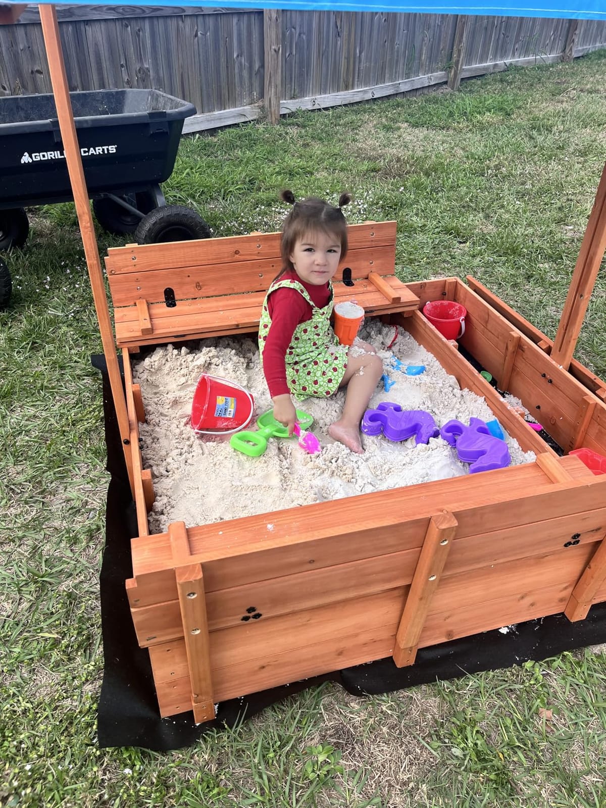 Kids Wooden Outdoor Sandbox with Cover, Sand Boxes with Canopy and Foldable Storage Bench Seats, Sand Table with Protection Bottom Liner, Kids Play Equipment for Outdoor (47X47 Inch) customer photo 1