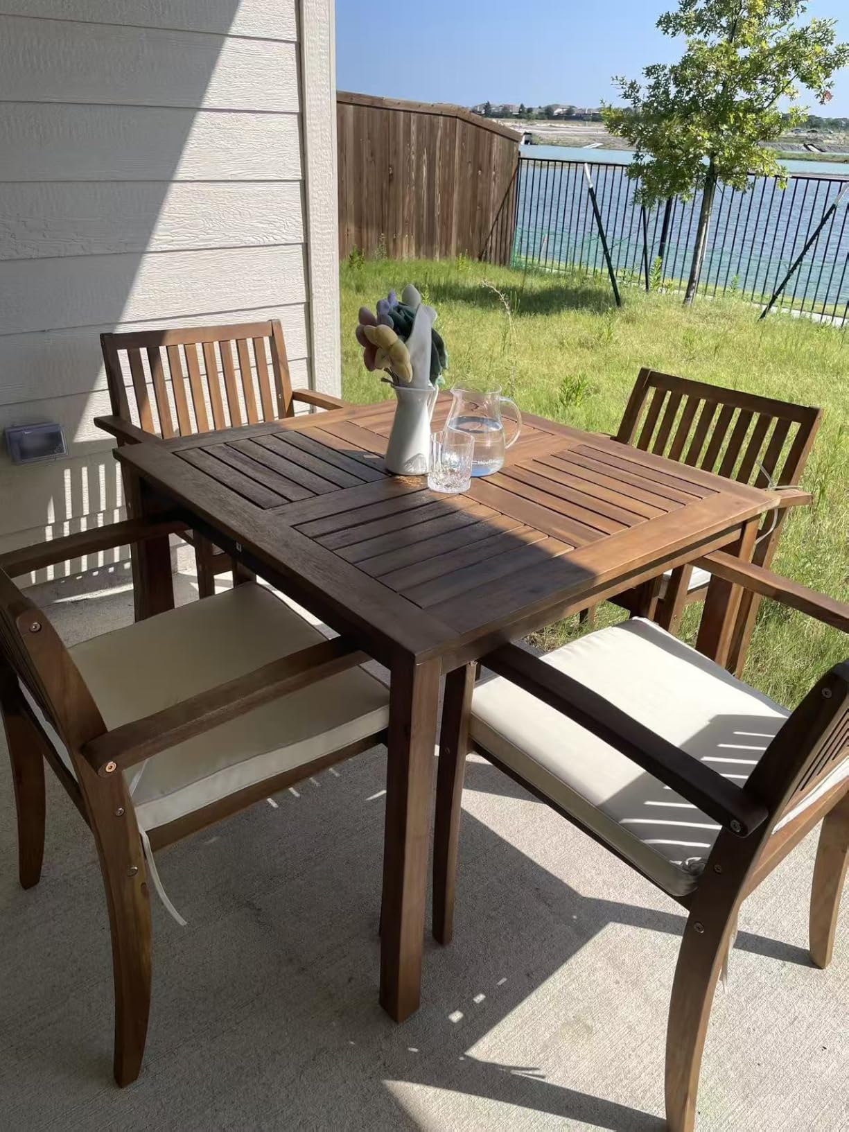 Flamaker 5 Pieces Outdoor Dining Set Acacia Wood Outdoor Table and Chairs | Outdoor Dining Sets for 4 with Soft Cushions, Patio Table and Chairs Set for Deck, Backyard, Garden customer photo 1