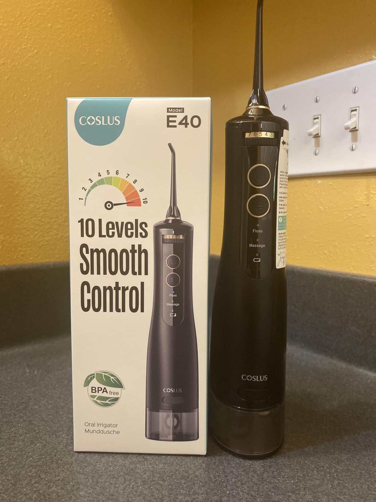 COSLUS ADA Accepted E40 Water Dental Flosser, 10 Pressure Levels Easy Use | Professional Water Dental Pick, Safe for Orthodontic, Braces & Sensitive Teeth Gums, Cordless for Travel, Family Use, Black customer photo 1