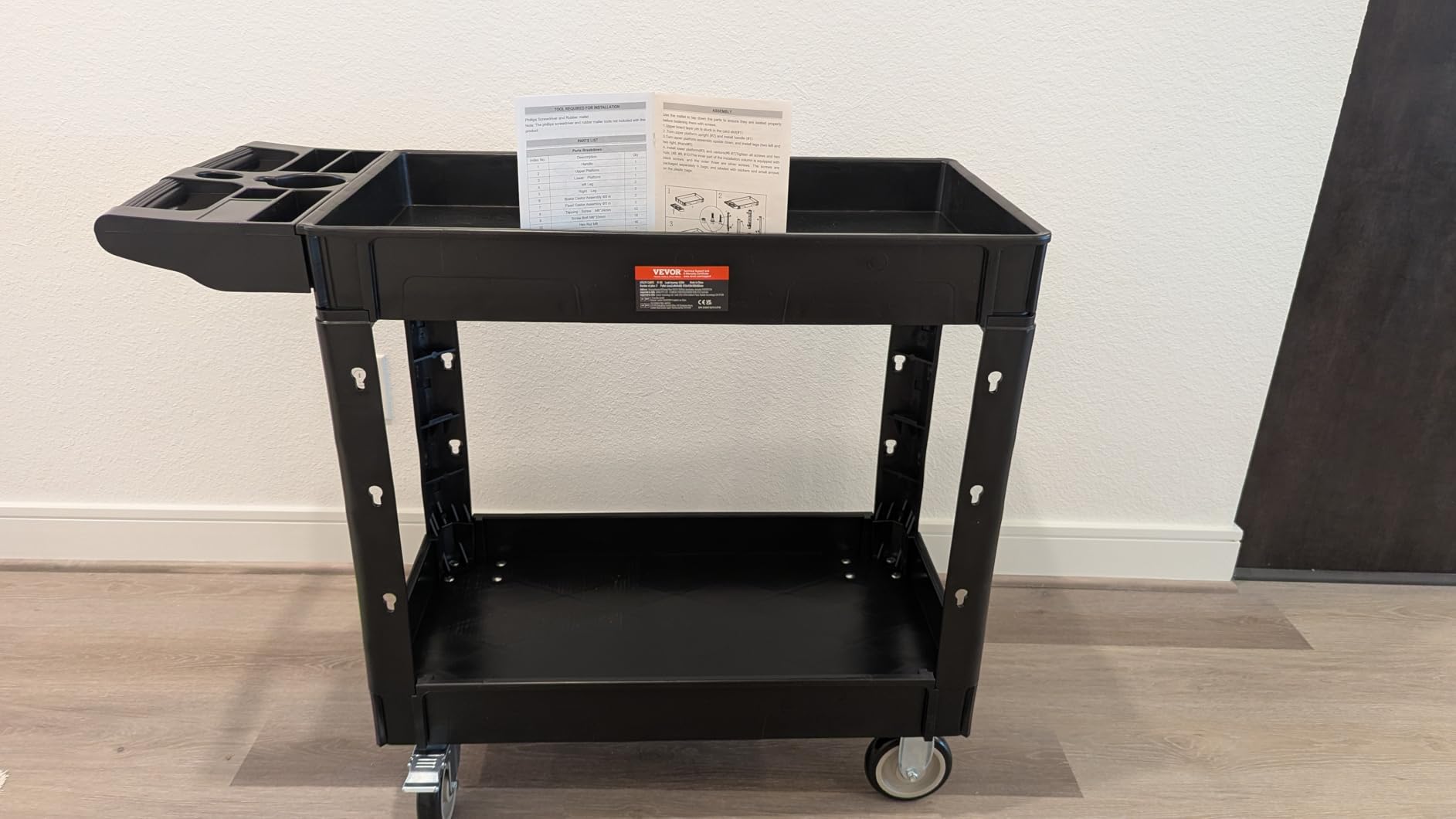 VEVOR Utility Service Cart, 2 Shelf 550LBS Heavy Duty Plastic Rolling Utility Cart, Medium Lipped Shelf, 360 Degree Swivel Wheels, Ergonomic Storage Handle for Warehouse Garage, Black customer photo 2