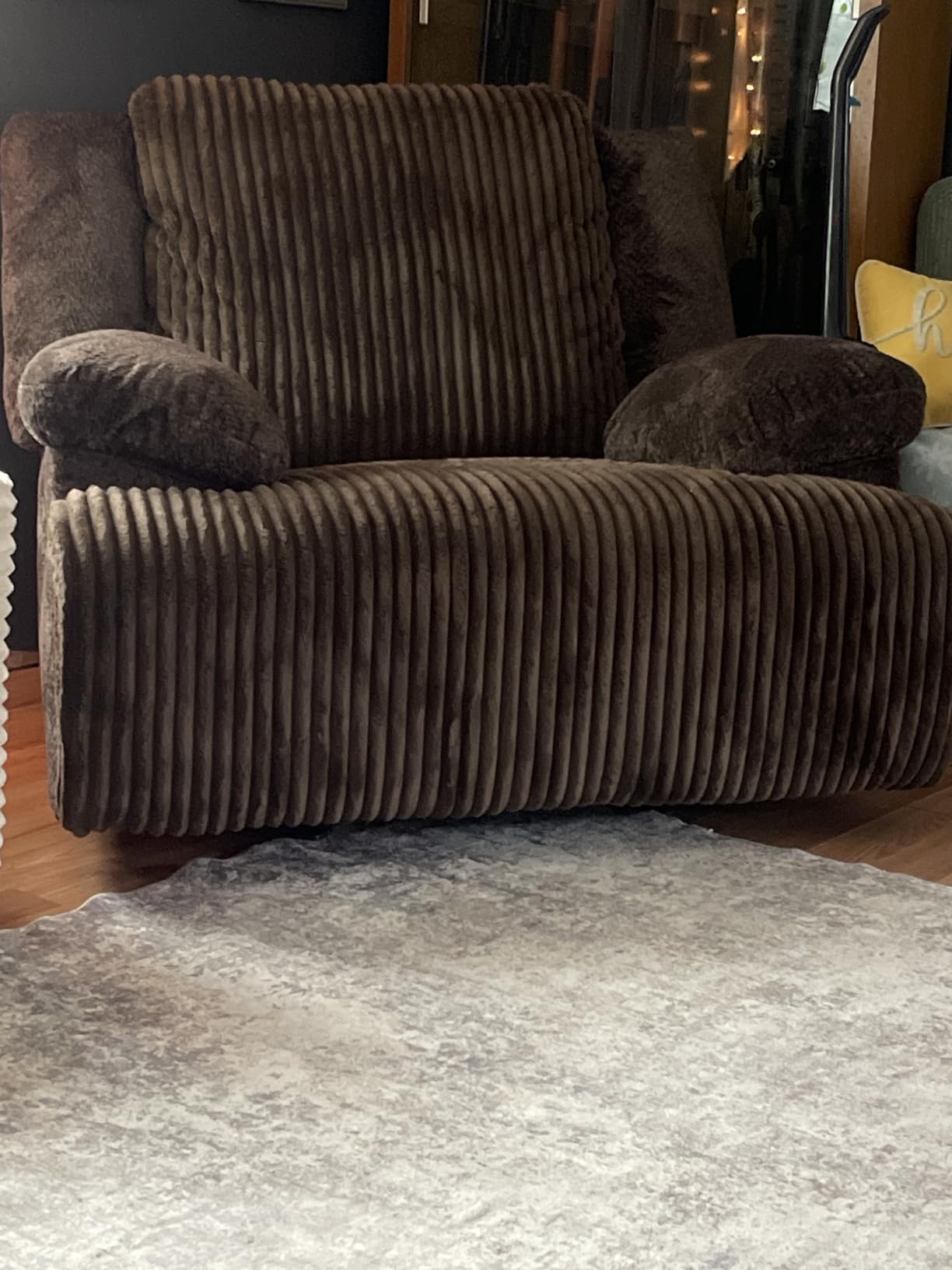 Signature Design by Ashley Top Tier Rocker Recliner Chair, Oversized Wide Seat, Cozy Corduroy Velvet Polyester Upholstery, Manual Pull Tab Lounge Chair for Living Room, No Assembly Required, Chocolate customer photo 2