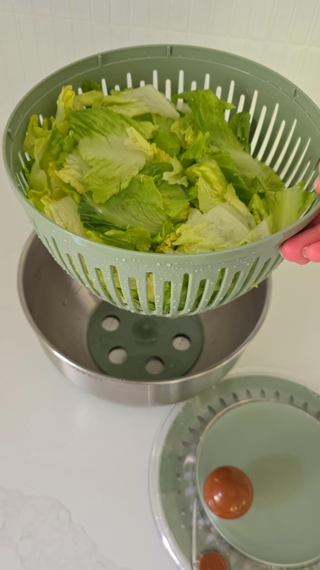 Lunememo Stainless Steel Salad Spinner, BPA Free, Quick Dry & Stop, 5.3 Qt, Non-Slip Lettuce Veggie Spinner, Drain, Stop Button, Dishwasher Safe customer photo 2