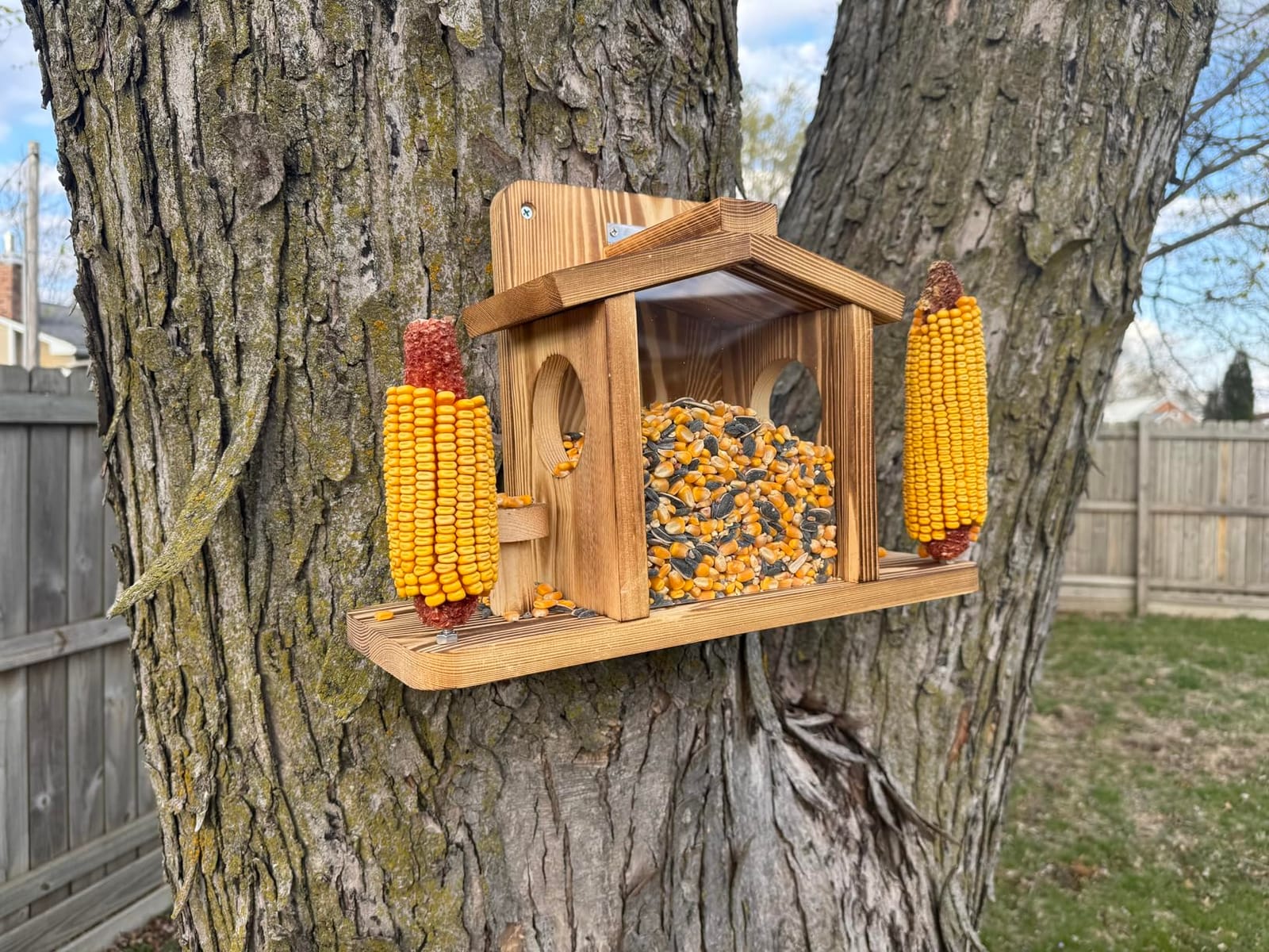 Squirrel Feeder for Outside, Durable Wooden Squirrel Feeder Platform, Funny Squirrel Houses Picnic Table, Squirrel Feeders for Outdoors Tree Peanuts Nuts Corn Cobs Holder Wooden Chipmunk Feeder Box customer photo 1