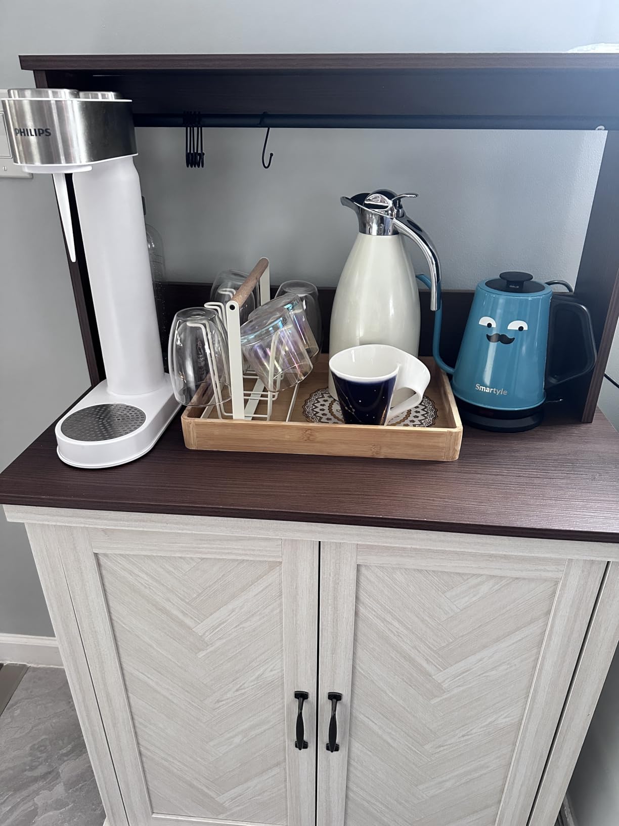 JOINICE Coffee Bar Cabinet with Storage and Charging Station, Walnut | Farmhouse, Herringbone Panel, 31.5