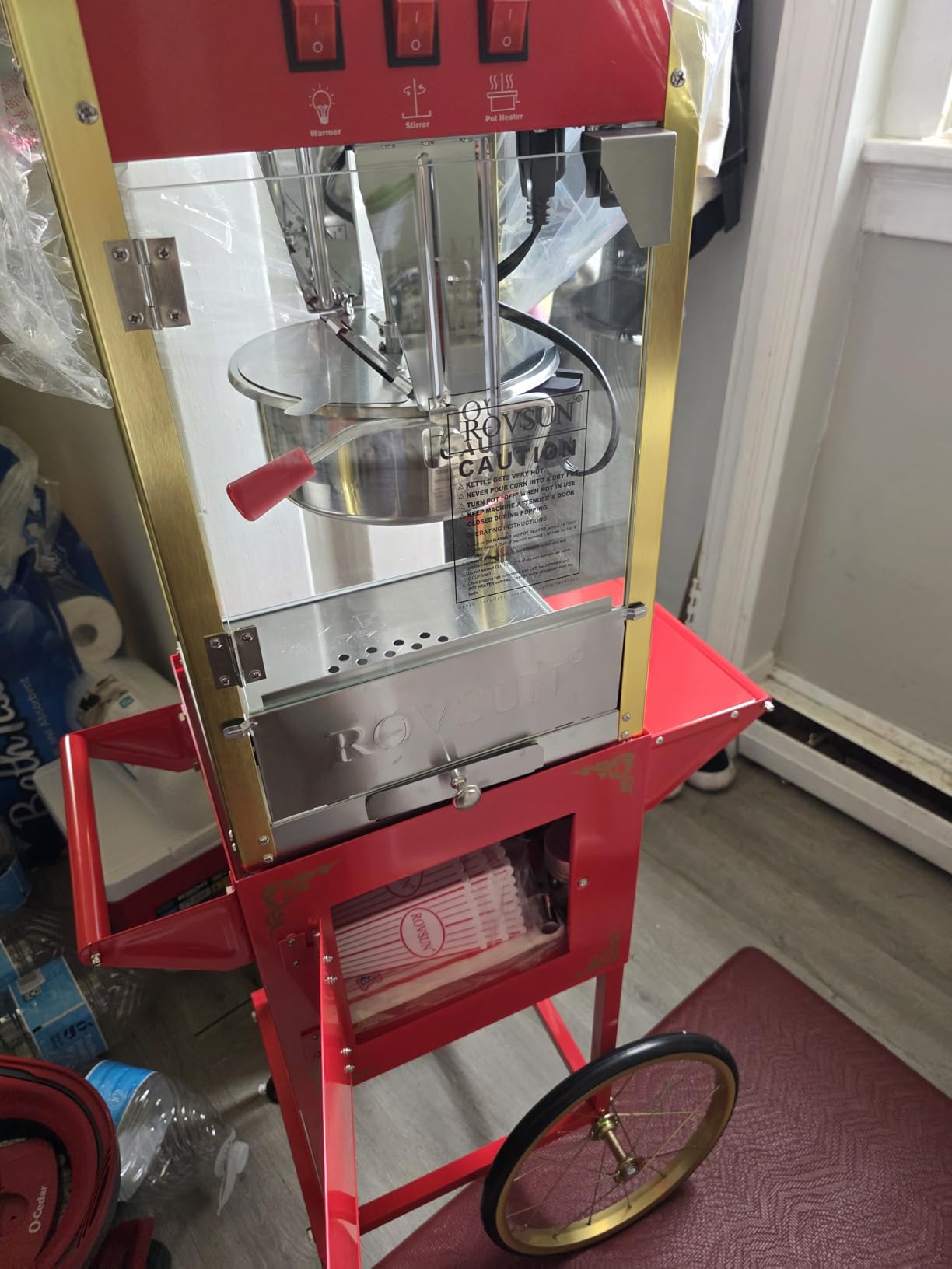 ROVSUN Popcorn Machine Cart with Candy Dispenser, 8 Oz Kettle Makes Up to 32 Cups ETL, Popcorn Maker w/Scoop, Oil Spoon, Bags & Cups, Movie Theater Style Popper for Commercial Home Party, Red customer photo 2