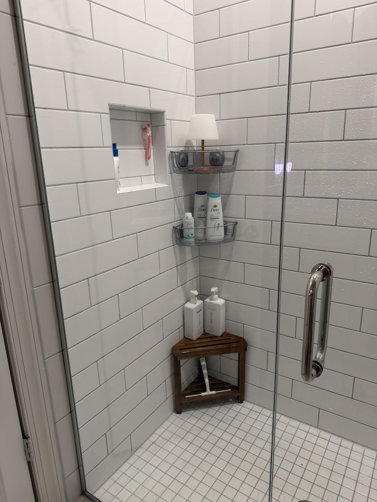 Shower Foot Rest 15 in, Acacia Shower Stool for Shaving Legs, Corner Bath Shower Bench with Storage Shelf for Inside Small Shower Spaces customer photo 1