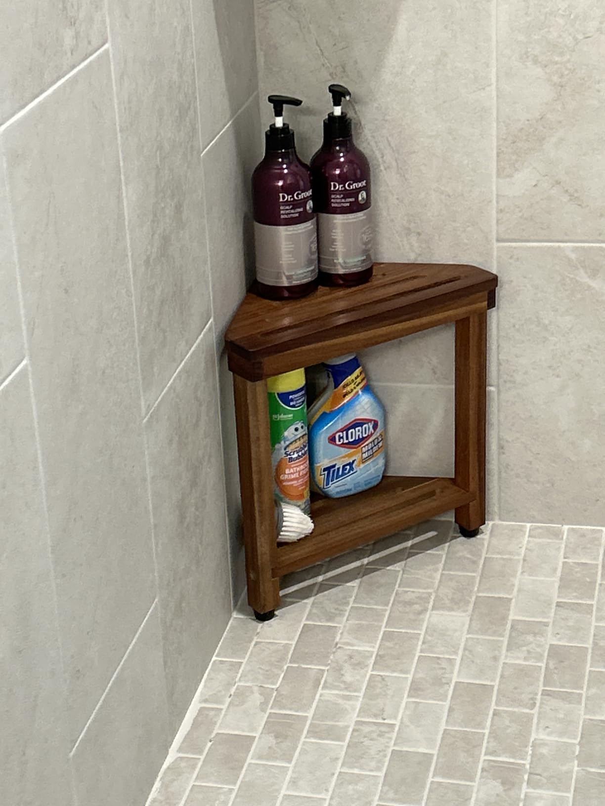 Shower Foot Rest 15 in, Acacia Shower Stool for Shaving Legs, Corner Bath Shower Bench with Storage Shelf for Inside Small Shower Spaces customer photo 2