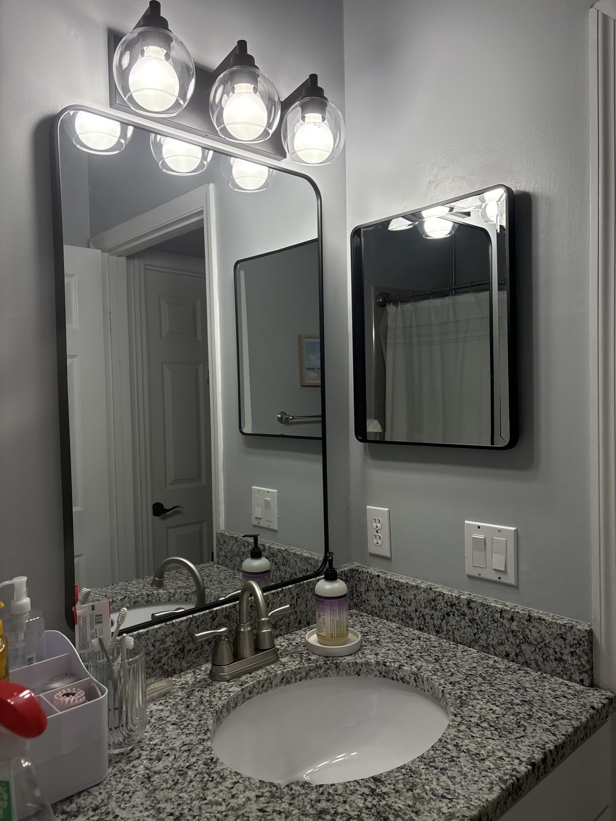 16x26 Austin Farmhouse Metal Framed Rounded Rectangle Recessed Bathroom Medicine Cabinet, Beveled Mirror, 14x24 in-Wall Opening, powder-coated Steel, Adjustable Glass Shelves, Magnet Close, Black customer photo 2