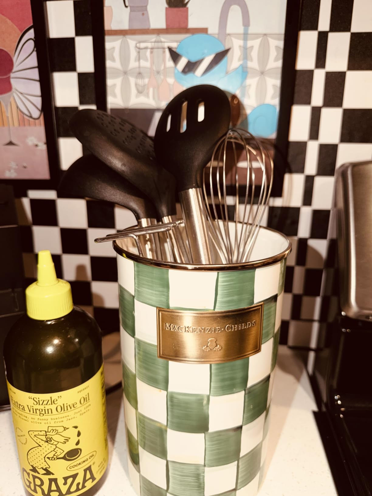 MACKENZIE-CHILDS Enamel Utensil Holder, Brown-and-White Mocha Check | Hand-painted design, made from enameled steel, ideal for storing and organizing kitchen utensils, 5