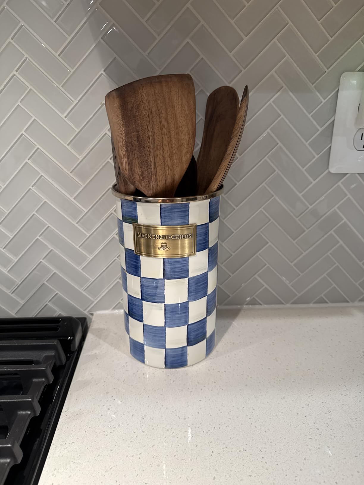 MACKENZIE-CHILDS Enamel Utensil Holder, Brown-and-White Mocha Check | Hand-painted design, made from enameled steel, ideal for storing and organizing kitchen utensils, 5