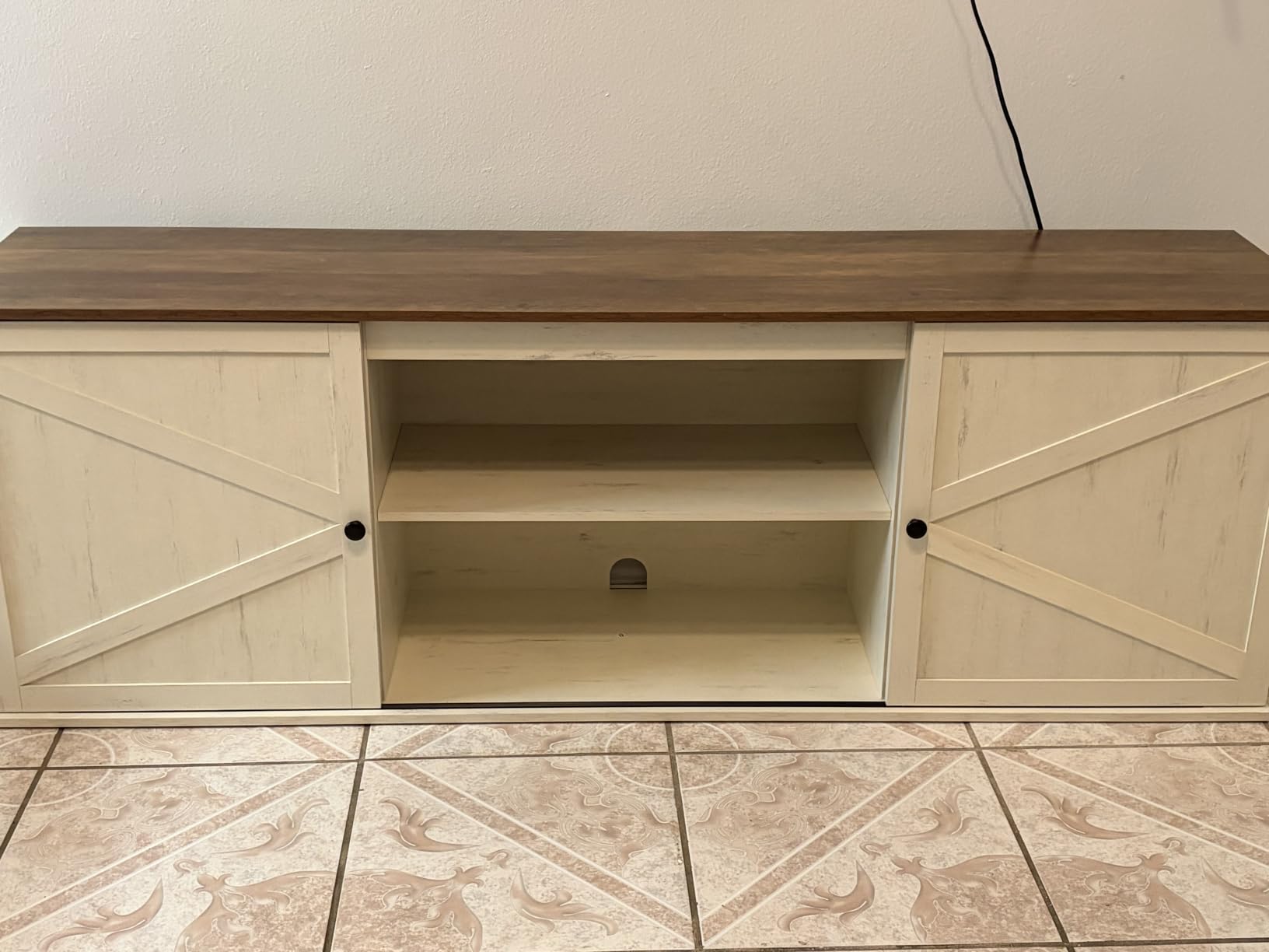 VASAGLE Farmhouse TV Stand for 80'' TV, Media Console, Sliding Barn Doors | Entertainment Center with Storage Cabinets, for Living Room, Rustic White and Honey Brown, HAINS Collection customer photo 2