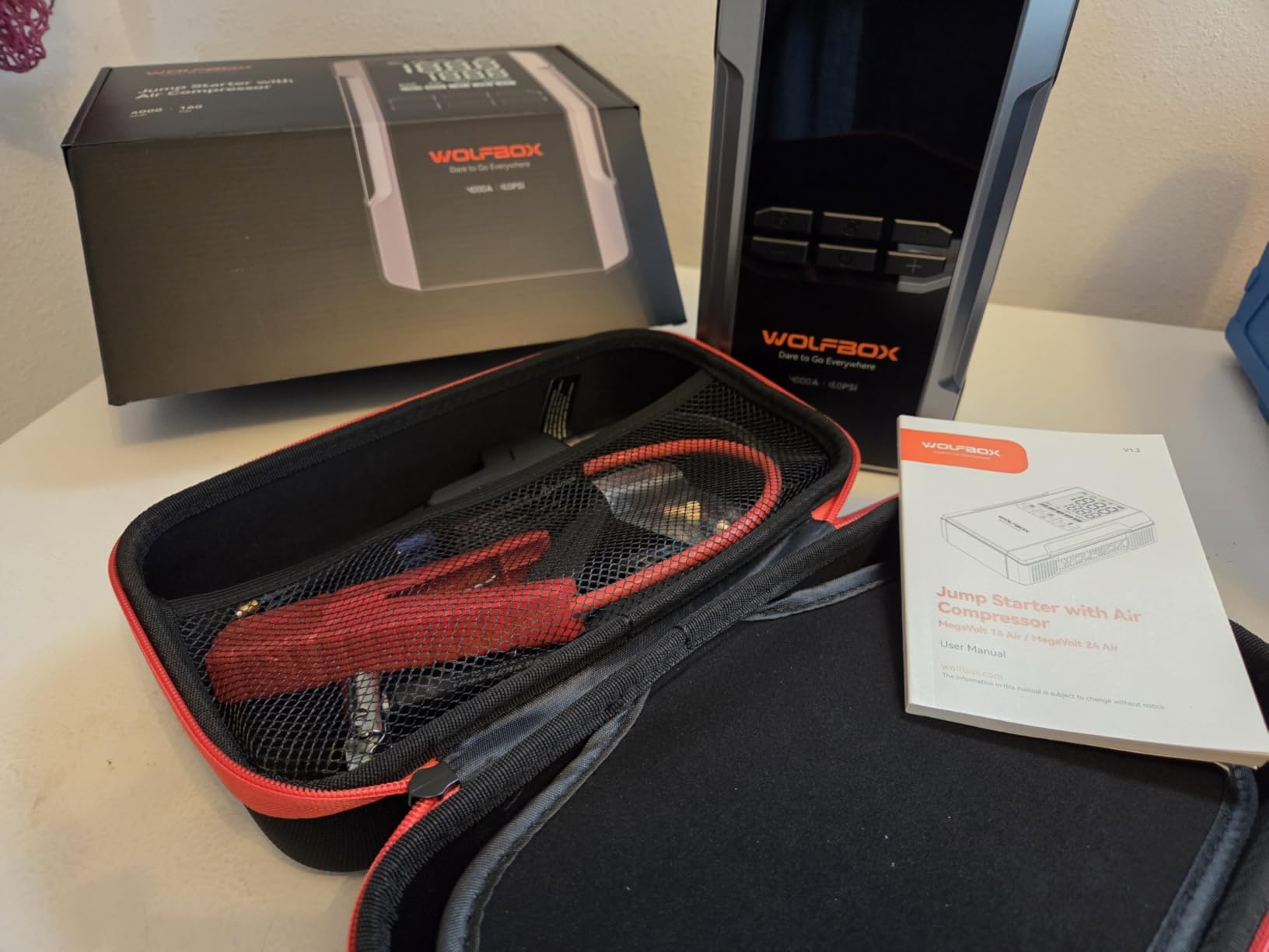 WOLFBOX MV24A 4000A Jump Starter with 160PSI Air Compressor, 12V Car Battery Booster, 88.8Wh Portable Jump Box (10L Gas/10L Diesel) with 65W Fast Charging, Tire Inflator, Jumper Cables, LED Light customer photo 2